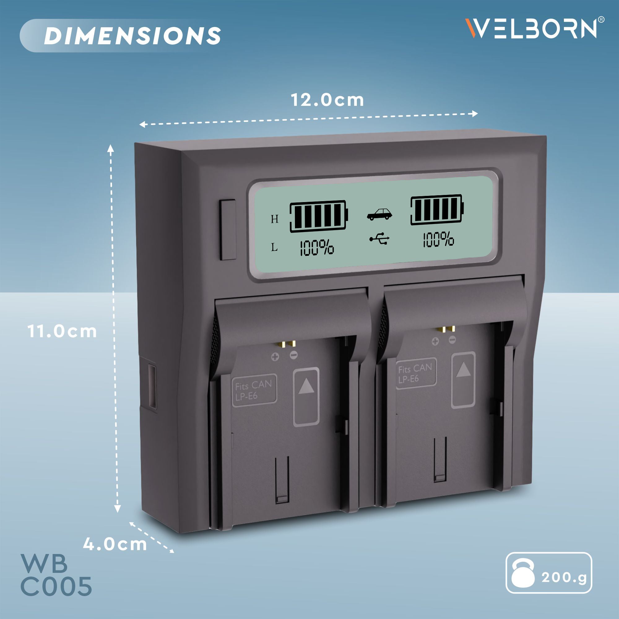Welborn Dual LCD Camera Battery Charger for Canon LP-E6/LP-E6N Battery Compatible with Canon EOS 5D Mark II to EOS 5D Mark IV, EOS 5DS to EOS 7D Mark II, EOS 60D to EOS 80D, XC10, R5 to R6 II