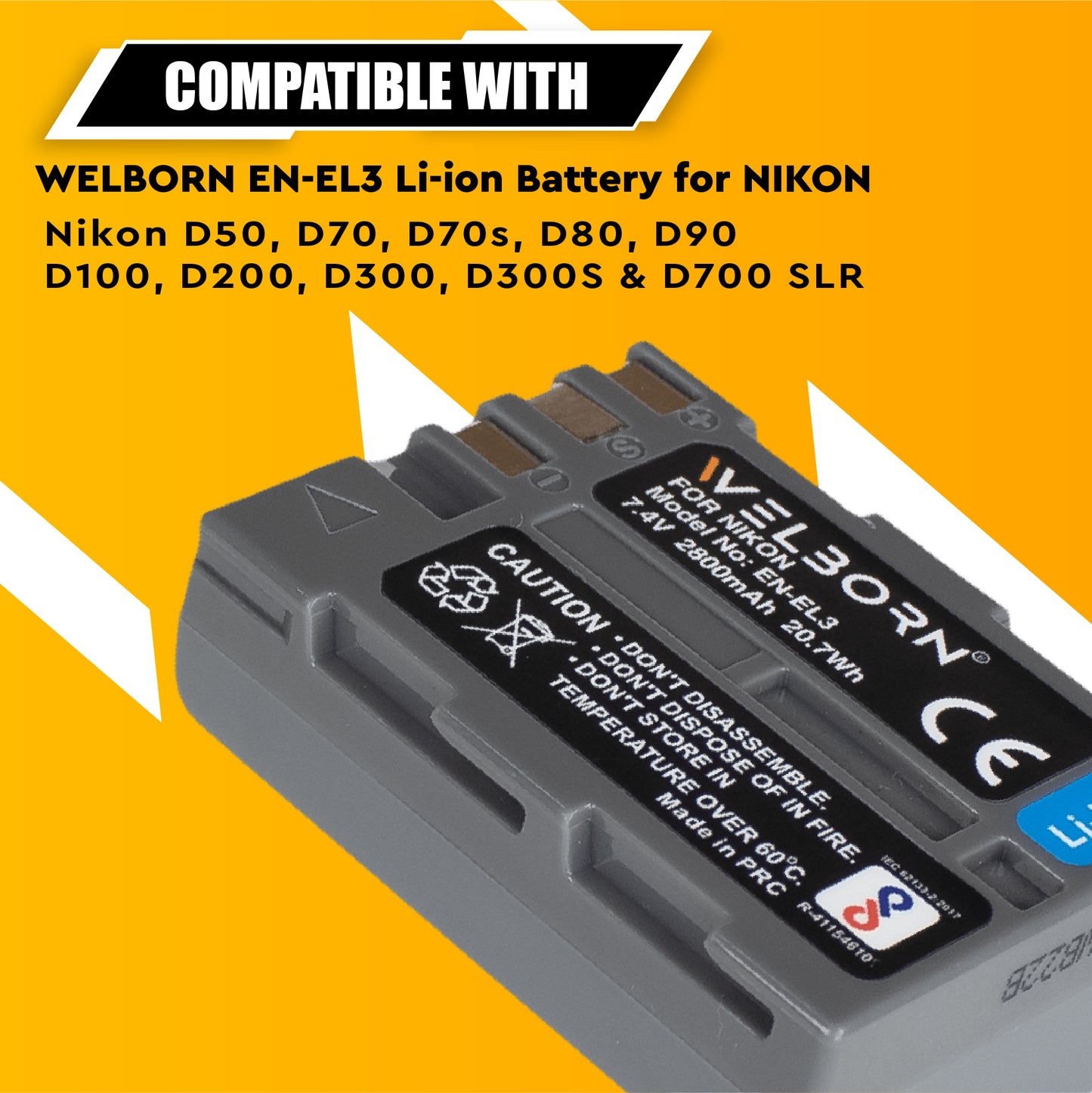 Welborn Camera Battery for Nikon ENEL3 (2800 mAh) Battery Compatible with Nikon D300, D300s, D100, D50, D40, D70, D700, D70s, D80, D90, and D200