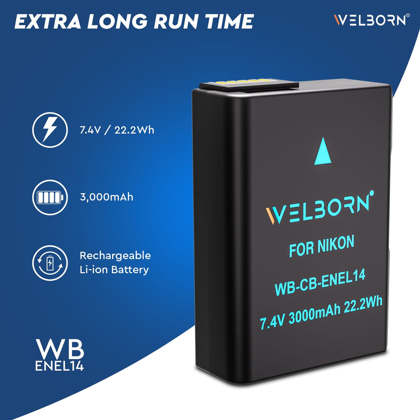 Welborn 3000 mAh (ENEL14 Platinum) Secondary Rechargeable Li-ion Battery for Nikon Digital Camera for Nikon D3100, D3200, D3300, D3400, D3500, D5100, D5200, D5300, D5500, D5600, DF DSLR & More