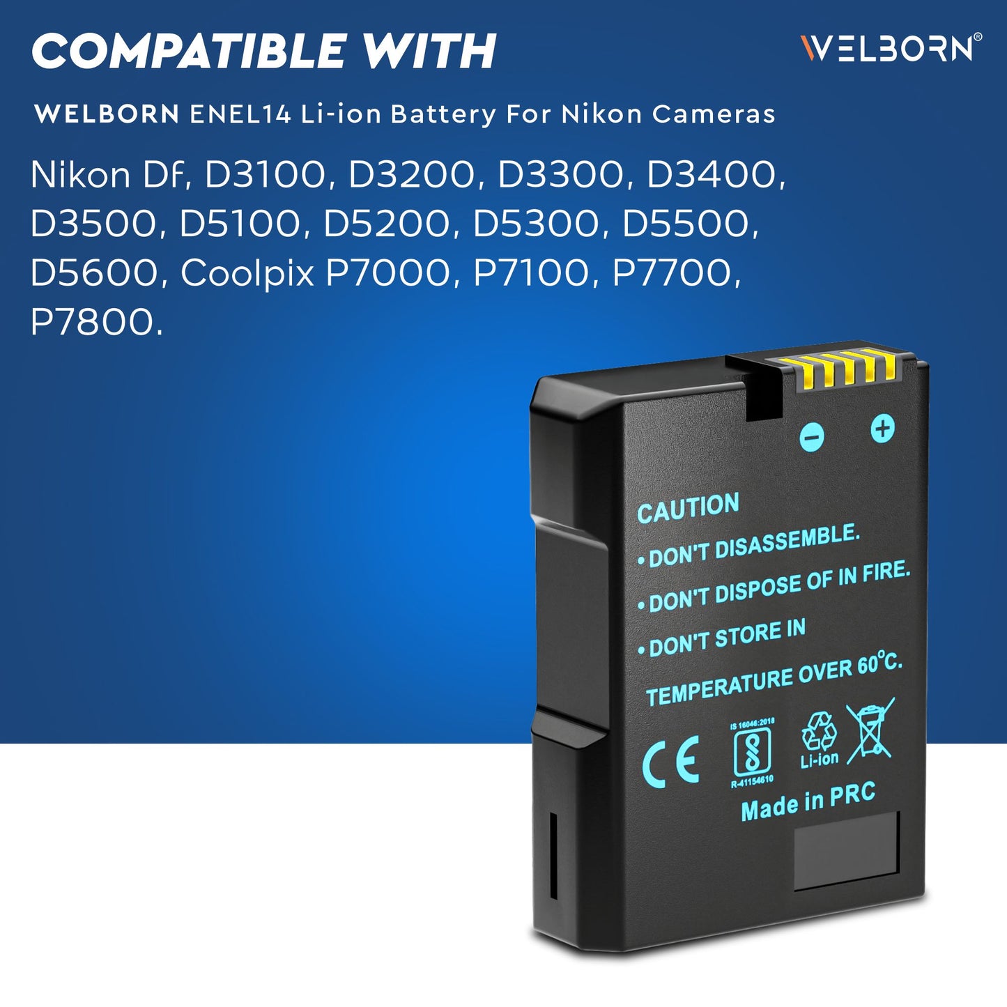 Welborn 3000 mAh (ENEL14 Platinum) Secondary Rechargeable Li-ion Battery for Nikon Digital Camera for Nikon D3100, D3200, D3300, D3400, D3500, D5100, D5200, D5300, D5500, D5600, DF DSLR & More