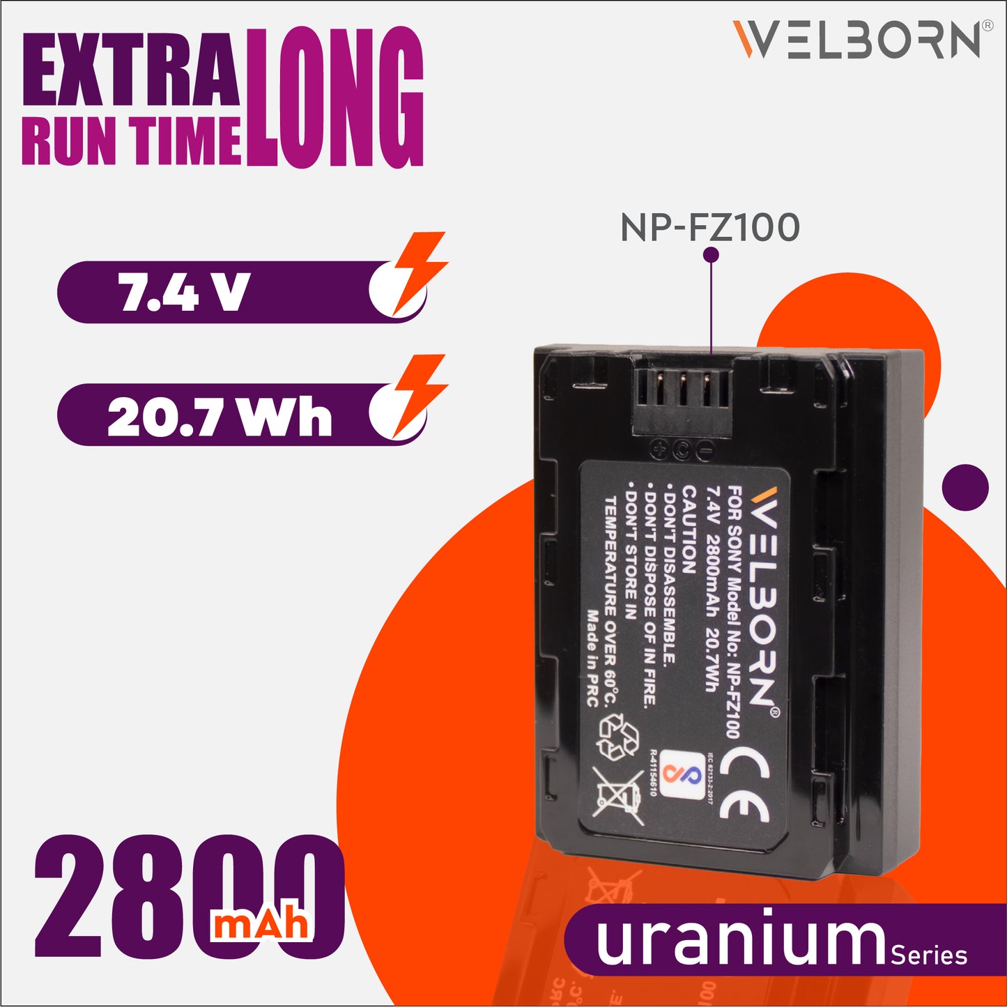WELBORN NP-FZ100 Platinum Rechargable Battery Pack compatiable with Sony Alpha A1,A9 Mark ii,A9,A7s Mark III,A7 Mark IV A, A7R Mark IV, A7R Mark III A,A7R Mark III,A7c, A7 Mark III, A6600
