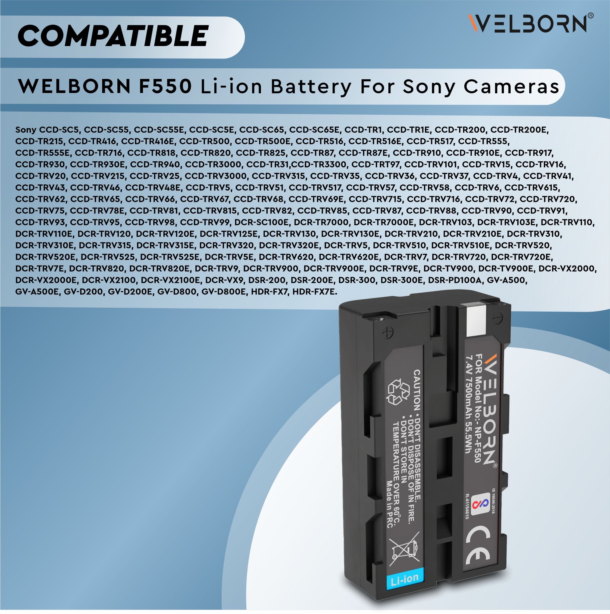 WELBORN F550 (7500 mAh) Lithium-ion Battery Compatible with Sony CCD-SC5 DCR-TRV210E DCR-TRV820E DCR-TRV900 DCR-VX1000 HDR-FX7E