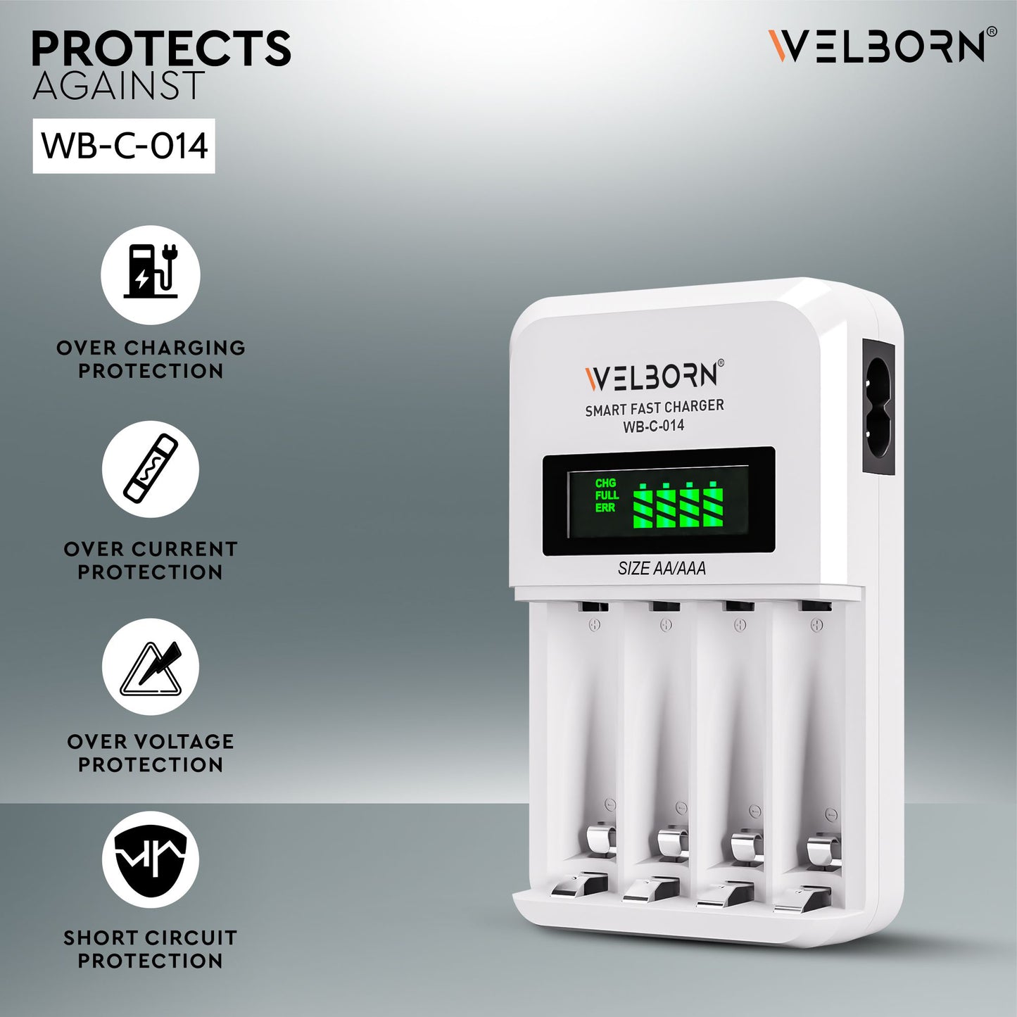 Welborn Ultra Fast Cell Charger for Rechargeable Batteries AA & AAA Ni-mh, with LCD Display Indicator, Smart Charge Control System, Charge 2 or 4 Batteries at a Time