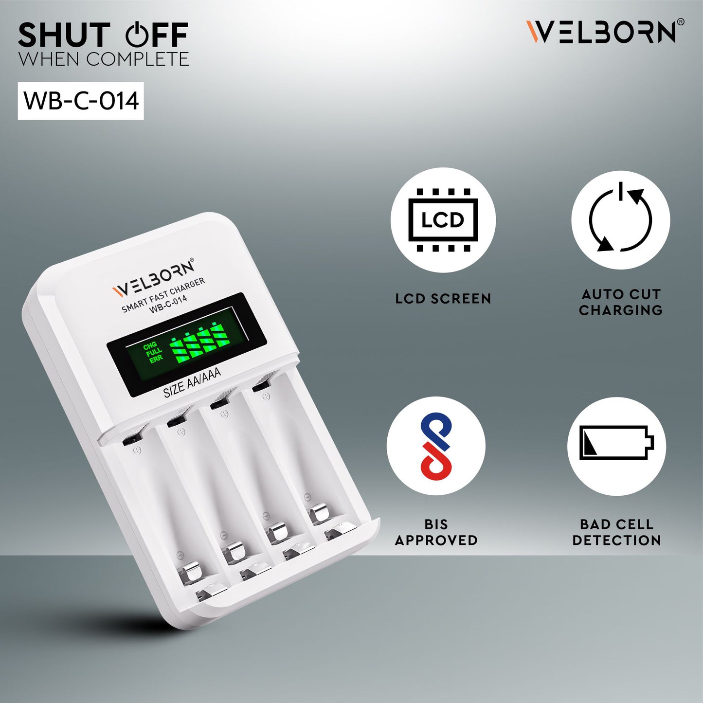 Welborn Ultra Fast Cell Charger for Rechargeable Batteries AA & AAA Ni-mh, with LCD Display Indicator, Smart Charge Control System, Charge 2 or 4 Batteries at a Time