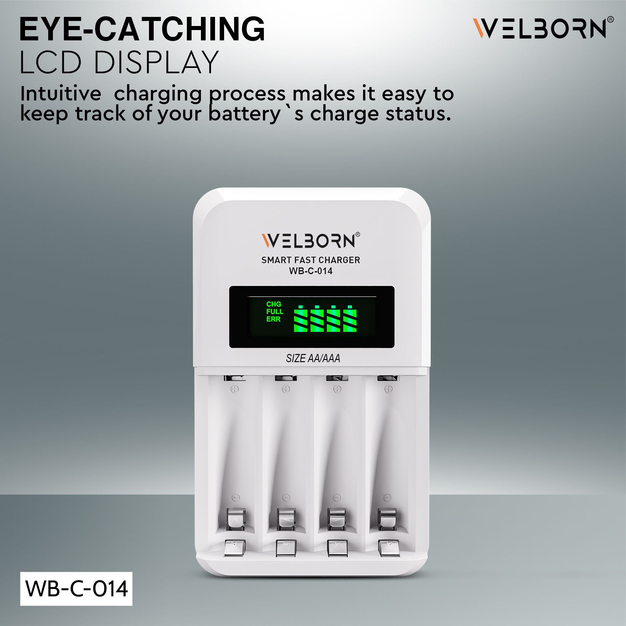 Welborn Ultra Fast Cell Charger for Rechargeable Batteries AA & AAA Ni-mh, with LCD Display Indicator, Smart Charge Control System, Charge 2 or 4 Batteries at a Time