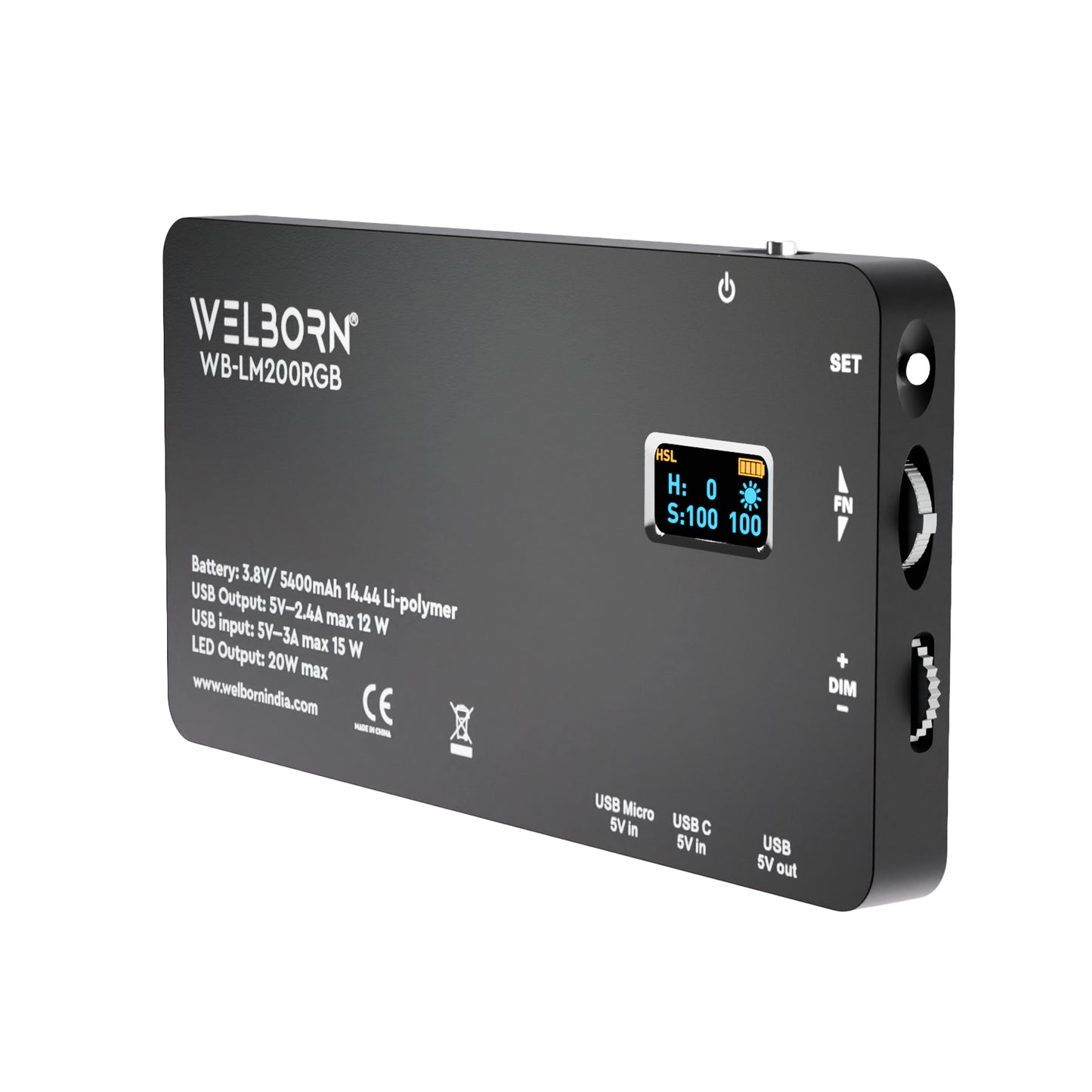 WELBORN (LM200RGB) Portable RGB LED 20W(max) Video Light with 5400mAh in-Built Battery