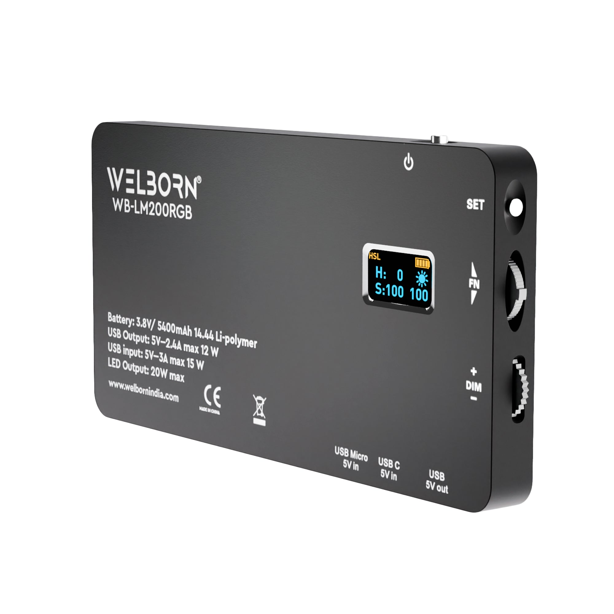 WELBORN (LM200RGB) Portable RGB LED 20W(max) Video Light with 5400mAh in-Built Battery