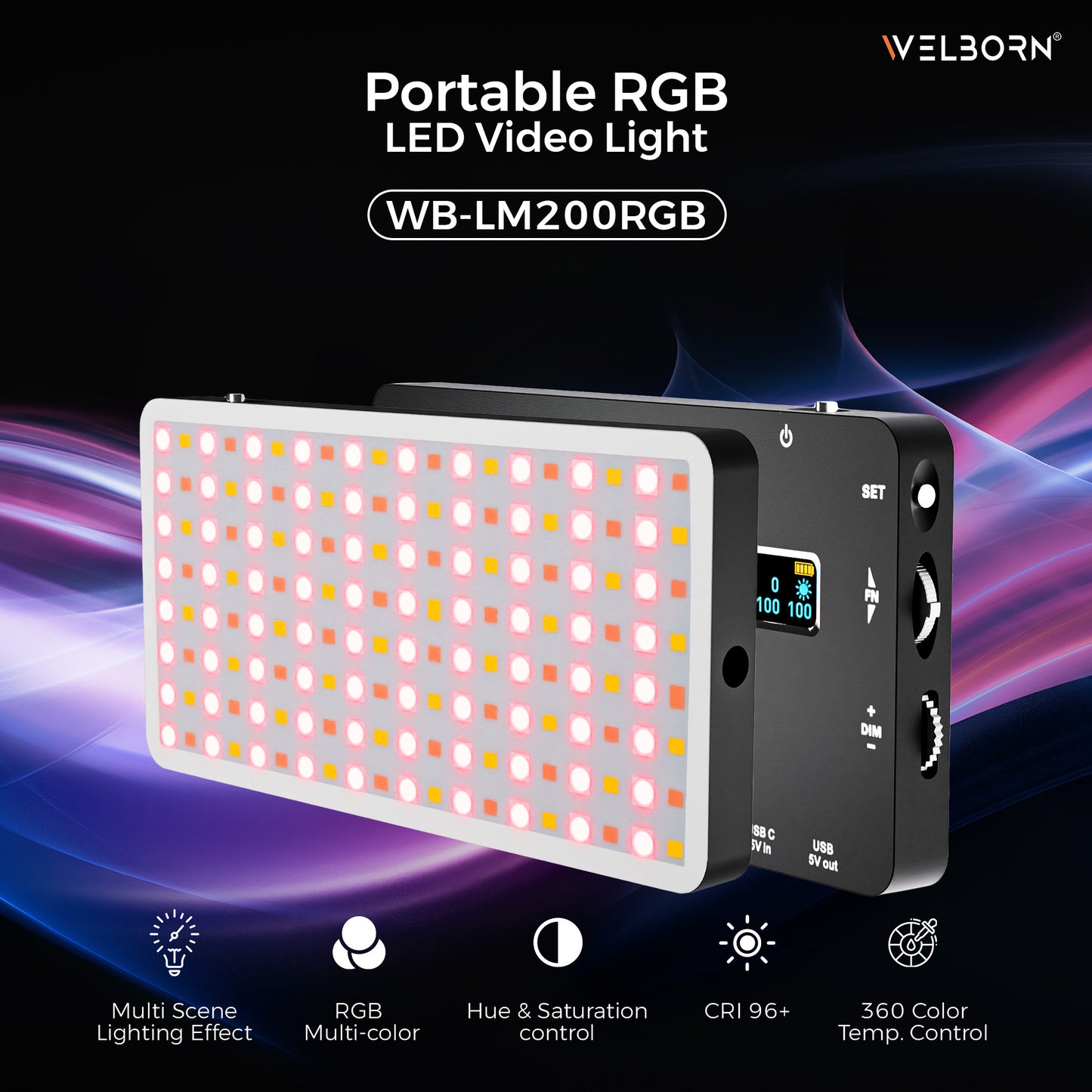 WELBORN (LM200RGB) Portable RGB LED 20W(max) Video Light with 5400mAh in-Built Battery