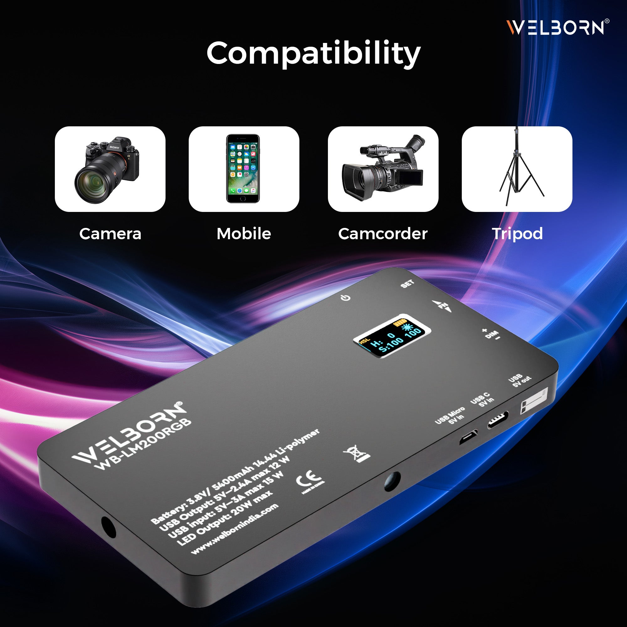 WELBORN (LM200RGB) Portable RGB LED 20W(max) Video Light with 5400mAh in-Built Battery
