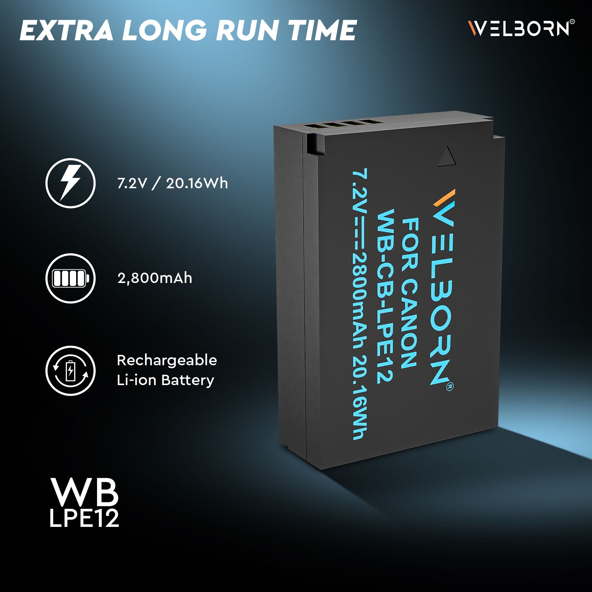 WELBORN LPE12 (2800 mAh) Rechargeable Battery Pack Compatible with Canon EOS M, M10, M100, M200, Rebel SL1, EOS 100D, M50, M50 Mark II | PowerShot SX70 HS | Canon Camera Battery