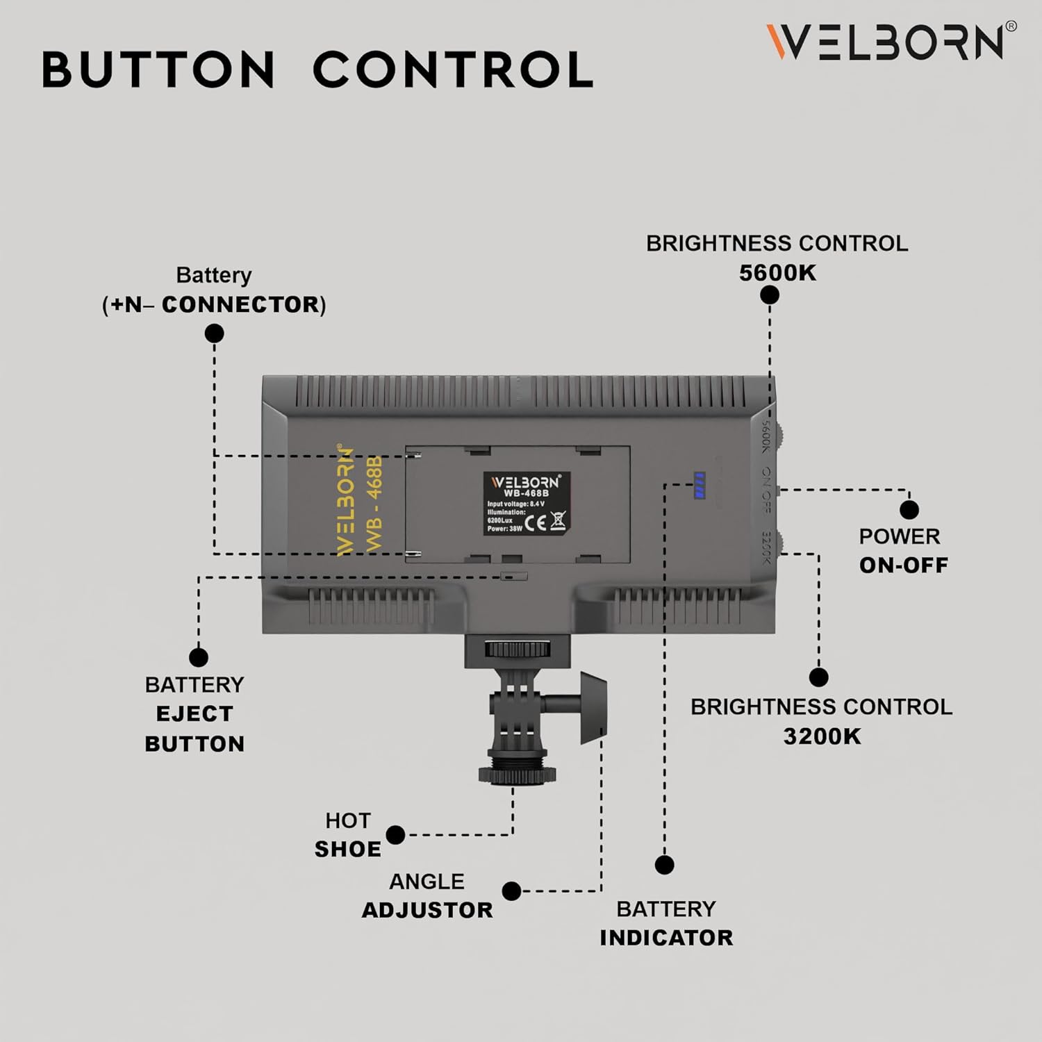 Welborn VL-468B Professional Video Light Dimmable 3200k -5600k for YouTube Video, Product Photography, Makeup Shoot and More
