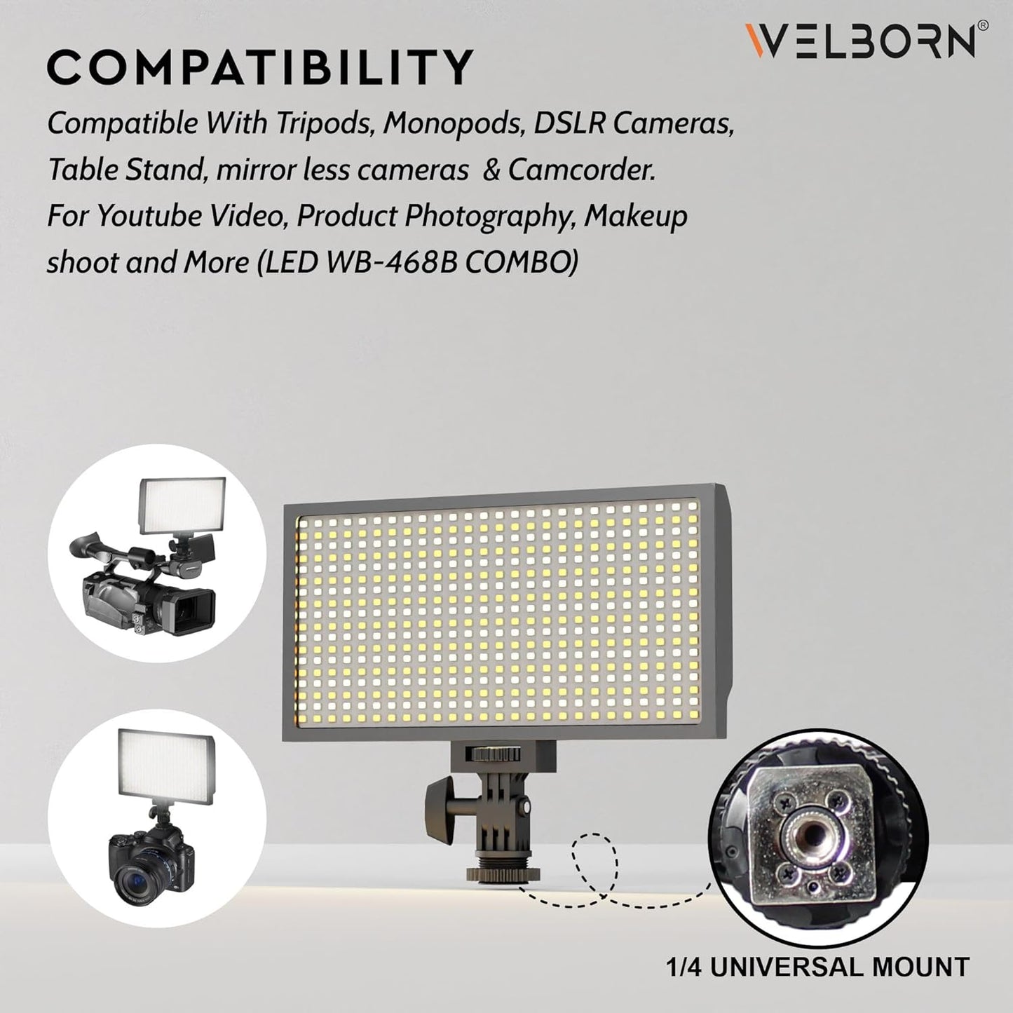 Welborn VL-468B Professional Video Light Dimmable 3200k -5600k for YouTube Video, Product Photography, Makeup Shoot and More