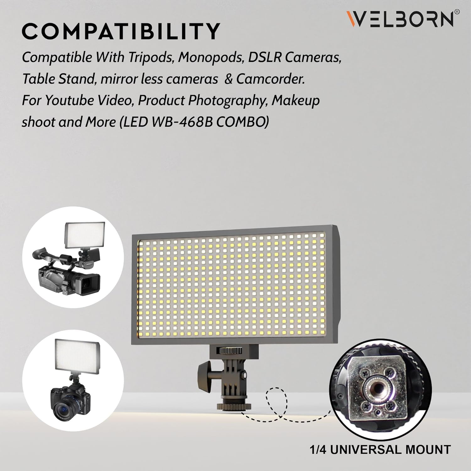 Welborn VL-468B Professional Video Light Dimmable 3200k -5600k for YouTube Video, Product Photography, Makeup Shoot and More