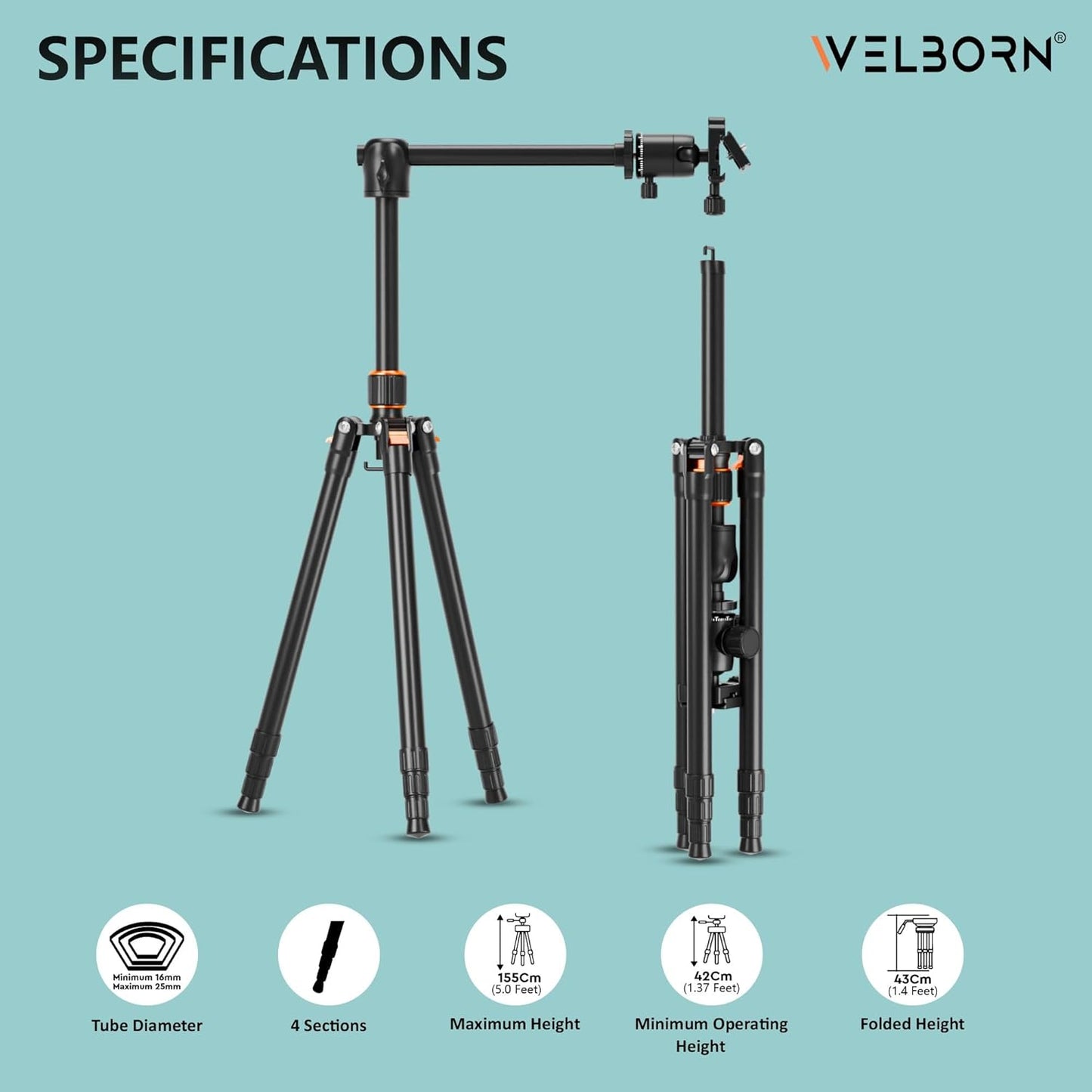 WELBORN TR-575BH Professional Tripod with 4 Sections, 90 Degree Angle Tilt