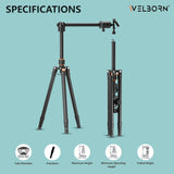 WELBORN TR-575BH Professional Tripod with 4 Sections, 90 Degree Angle Tilt