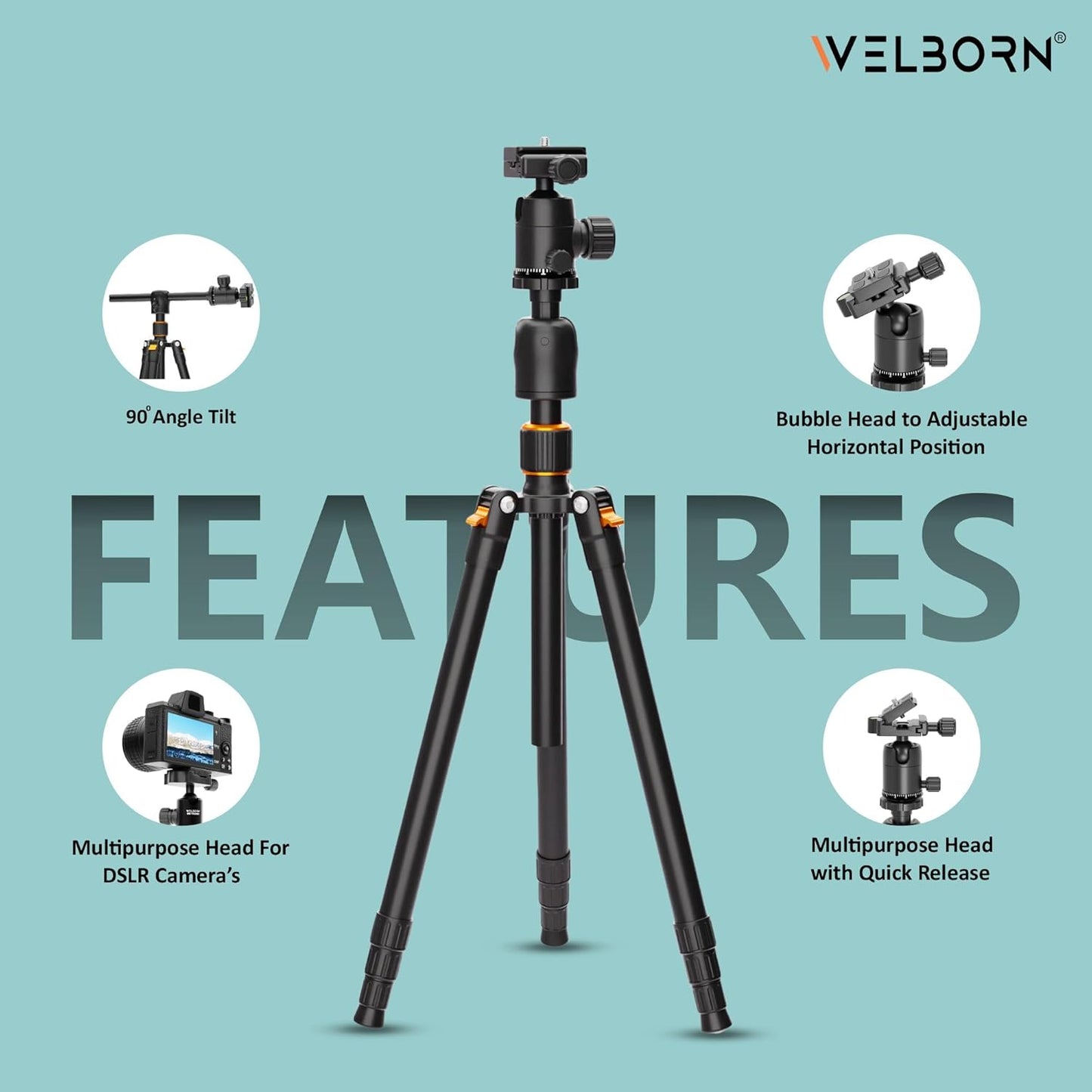 WELBORN TR-575BH Professional Tripod with 4 Sections, 90 Degree Angle Tilt