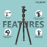 WELBORN TR-575BH Professional Tripod with 4 Sections, 90 Degree Angle Tilt