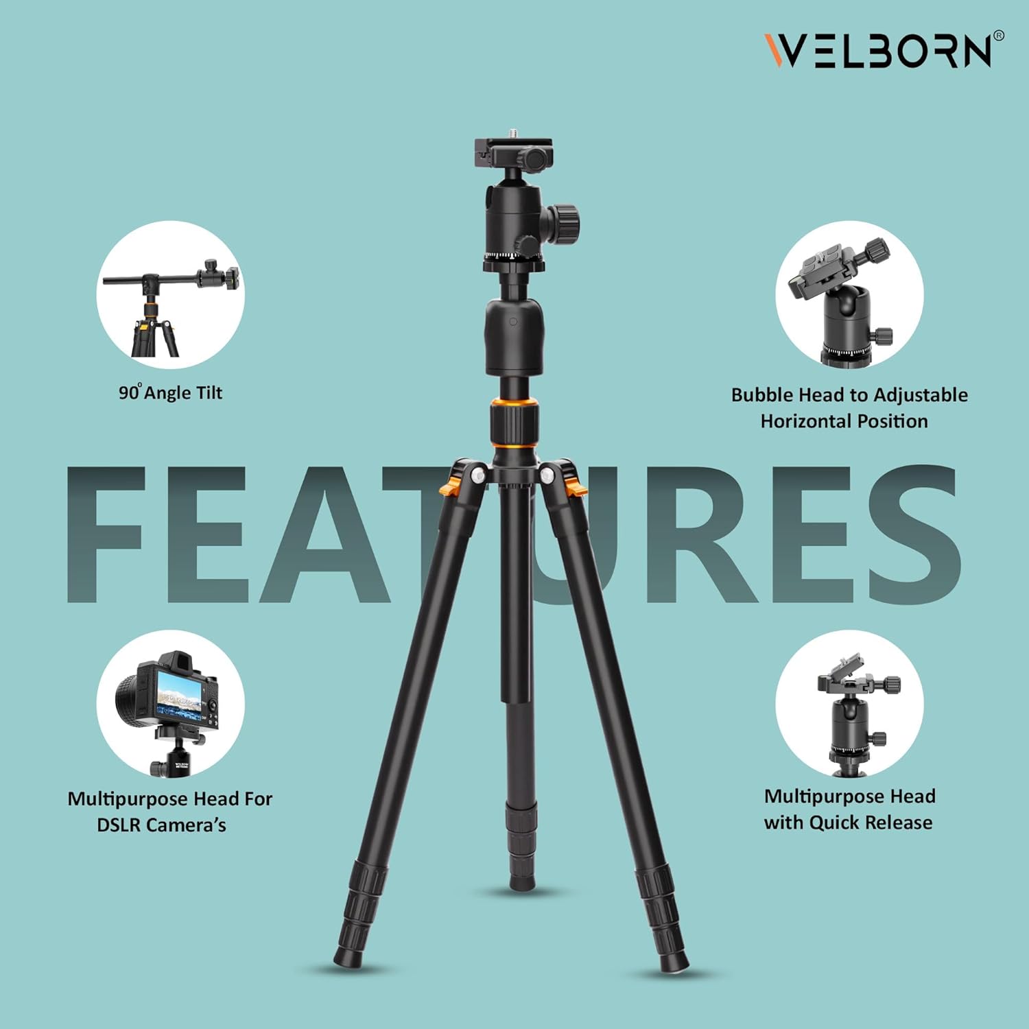 WELBORN TR-575BH Professional Tripod with 4 Sections, 90 Degree Angle Tilt