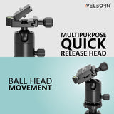 WELBORN TR-575BH Professional Tripod with 4 Sections, 90 Degree Angle Tilt