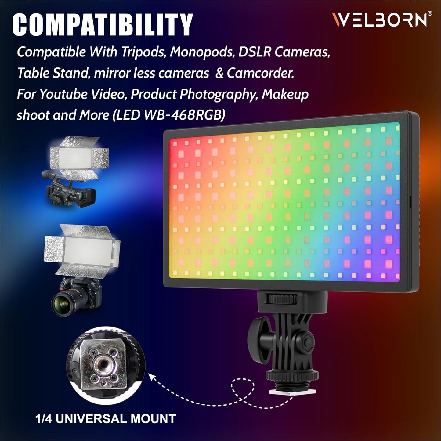 Welborn 468RGB LED Video Light, Adjustable Color Temperature, Professional Lighting