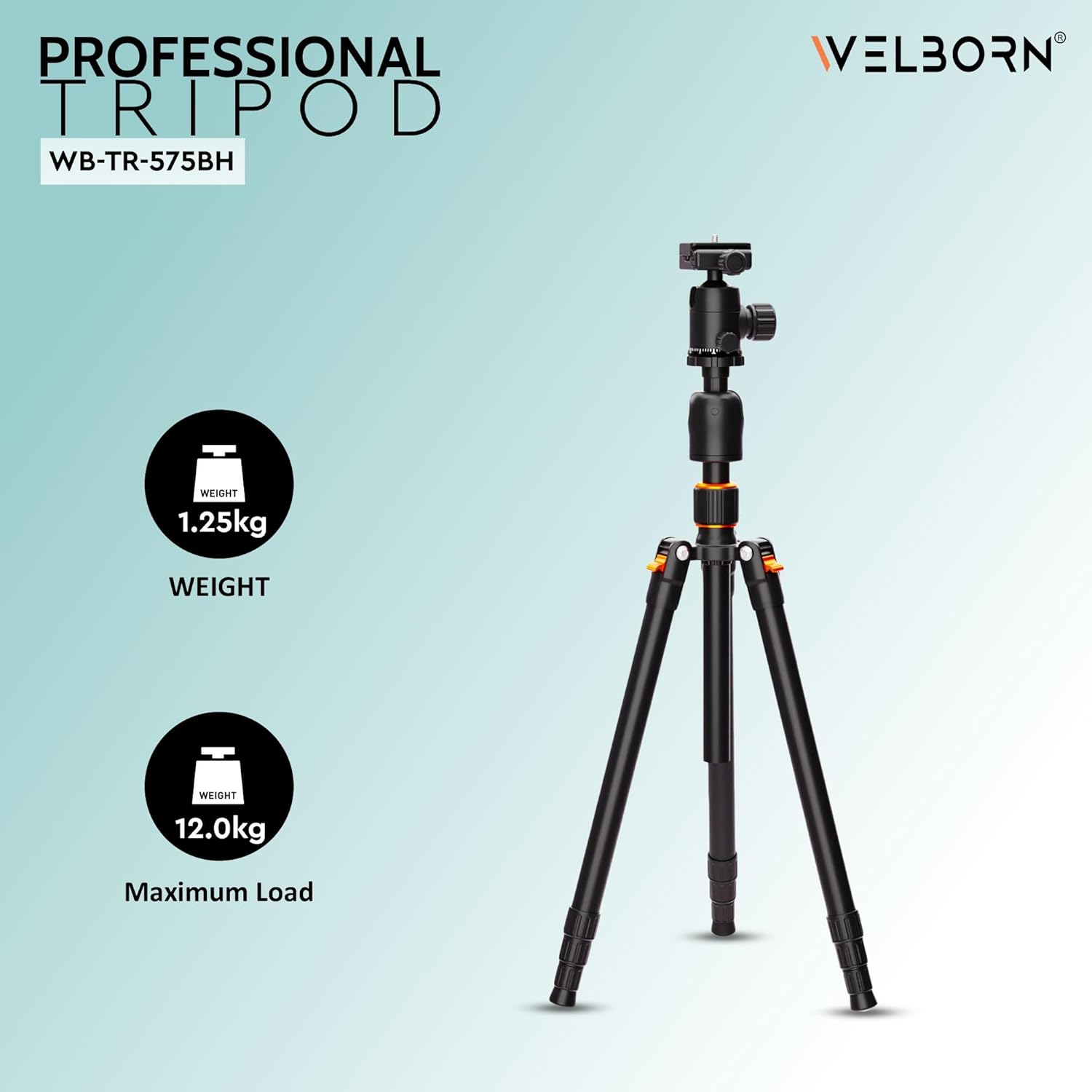 WELBORN TR-575BH Professional Tripod with 4 Sections, 90 Degree Angle Tilt