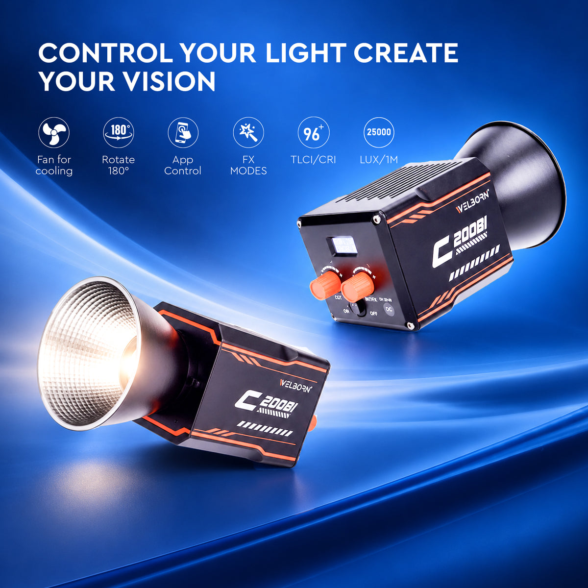 WELBORN C200Bi 200W Bi-Color COB LED Video Light | 25000 Lux High Brightness | 96+ CRI & TLCI | 180° Adjustable Rotation | App Control | FX Lighting Modes | Fan Cooling | Professional Studio Light for Photography & Videography