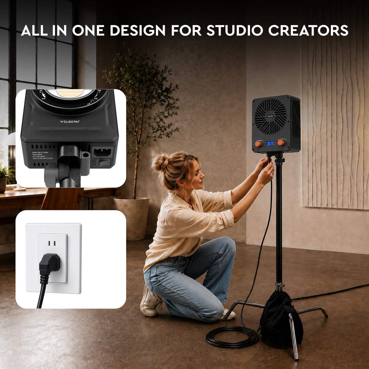 WELBORN F500BI 500W COB Bi-Color LED Video Light | Adjustable Color Temperature | 96+ CRI & TLCI | App Control | 180° Rotation | Professional Continuous Lighting for Photography, Videography, Studio & Film Production
