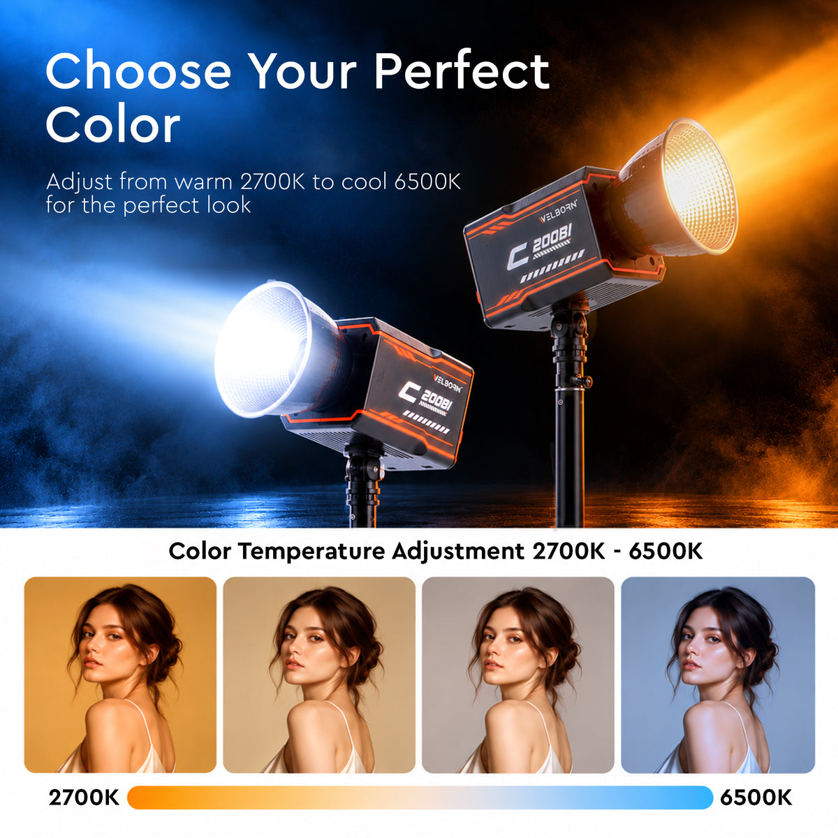 WELBORN C200Bi 200W Bi-Color COB LED Video Light | 25000 Lux High Brightness | 96+ CRI & TLCI | 180° Adjustable Rotation | App Control | FX Lighting Modes | Fan Cooling | Professional Studio Light for Photography & Videography