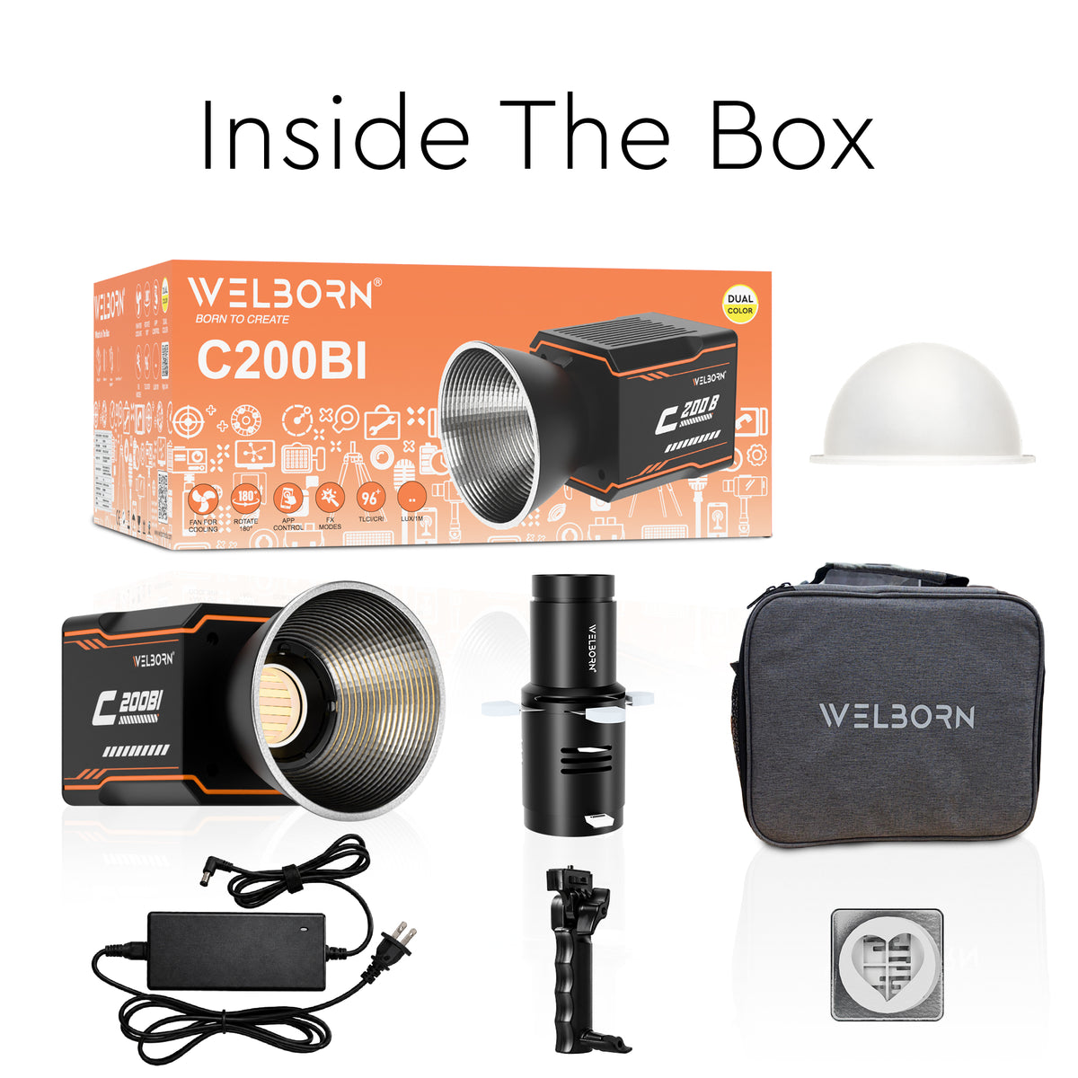 WELBORN C200Bi 200W Bi-Color COB LED Video Light | 25000 Lux High Brightness | 96+ CRI & TLCI | 180° Adjustable Rotation | App Control | FX Lighting Modes | Fan Cooling | Professional Studio Light for Photography & Videography