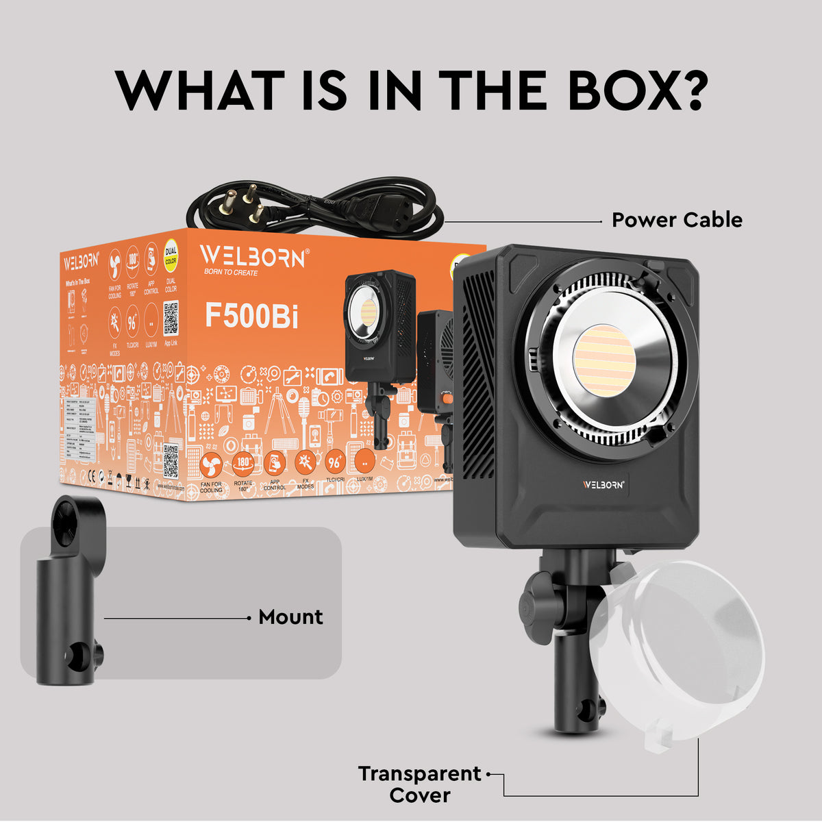 WELBORN F500BI 500W COB Bi-Color LED Video Light | Adjustable Color Temperature | 96+ CRI & TLCI | App Control | 180° Rotation | Professional Continuous Lighting for Photography, Videography, Studio & Film Production