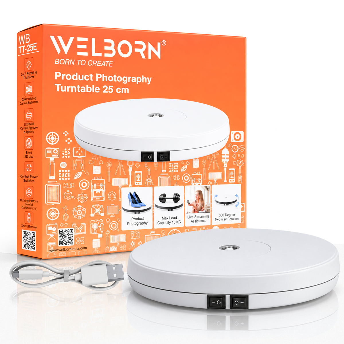WELBORN 25cm Product Photography Turntable | 15KG Max Load Capacity | 360° Two-Way Rotation | Electric Rotating Display Stand for Product Photography, Video, Live Streaming & 360° Product Shoots