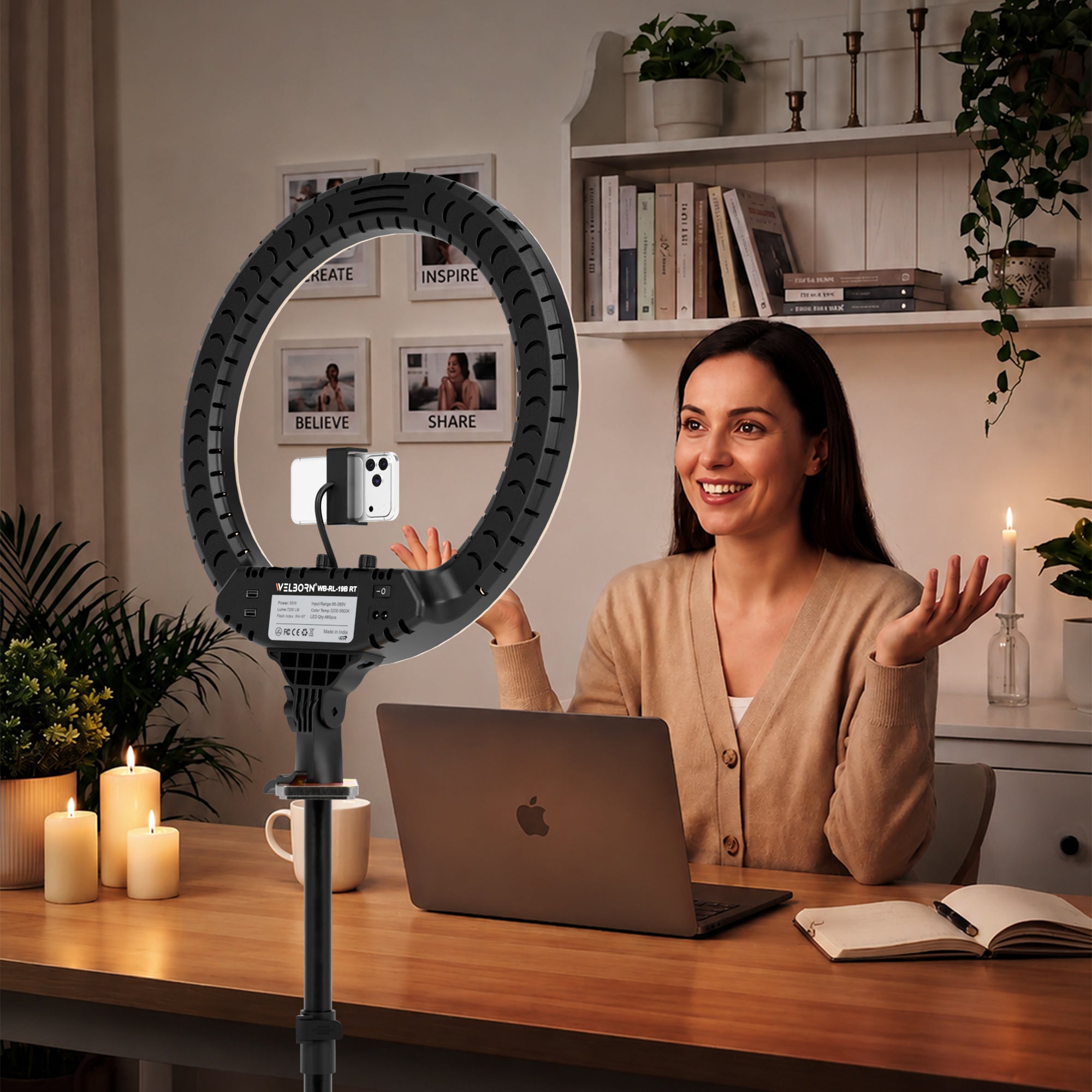 WELBORN (WB-RL-19B RT) LED Ring Light with Remote Control | Adjustable Lighting | Smartphone Holder | USB Support | For Photography, Video & Vlogging