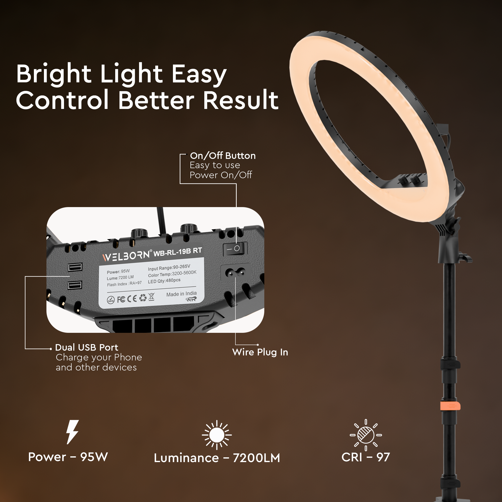 WELBORN (WB-RL-19B RT) LED Ring Light with Remote Control | Adjustable Lighting | Smartphone Holder | USB Support | For Photography, Video & Vlogging