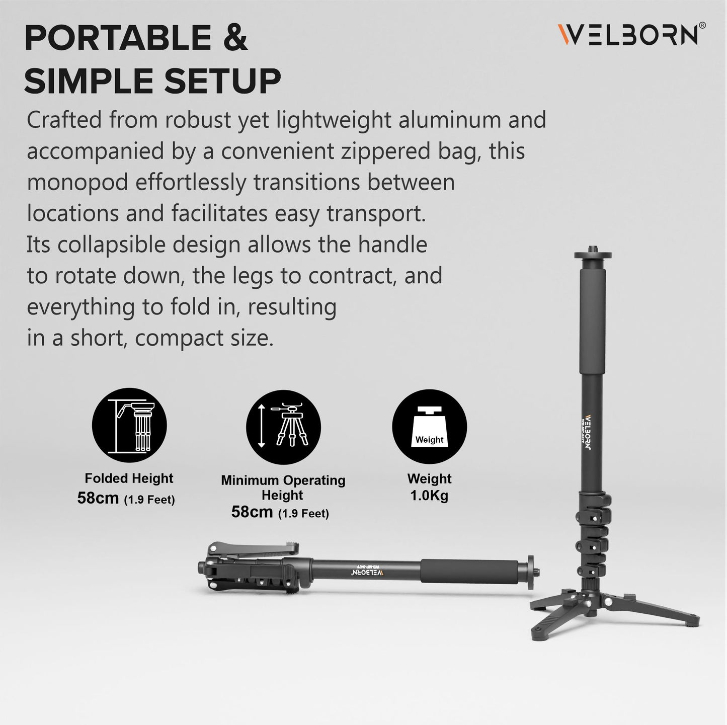 WELBORN Professional Monopod 047 | Lightweight & Portable |4 Sections
