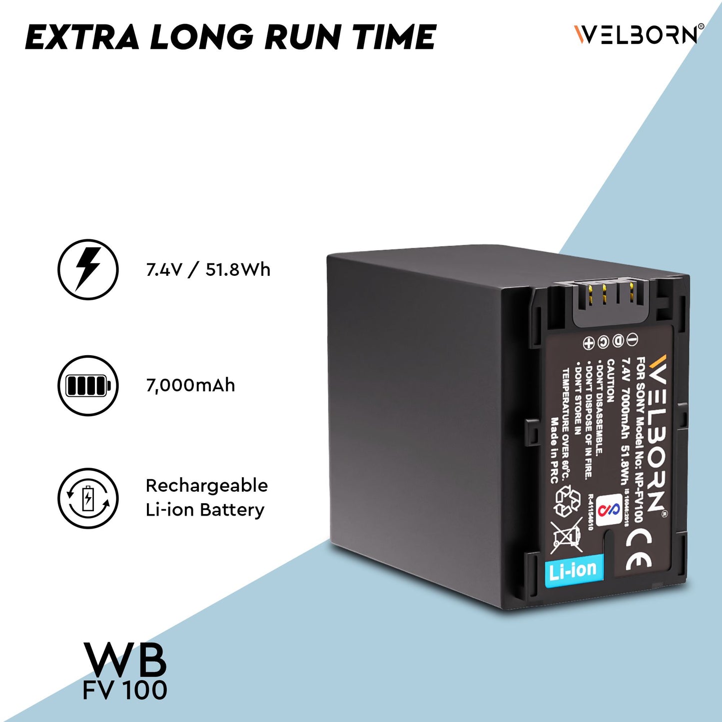 WELBORN NP-FV100 Platinum Digital Li-ion Battery for Sony FDR-AX53,FDR-AX700,HDR-CX455,HDR-CX675,DCR-SR21,DCR-SR60,DCR-SR68,DCR-SR88 Camera Battery (14000mAh)