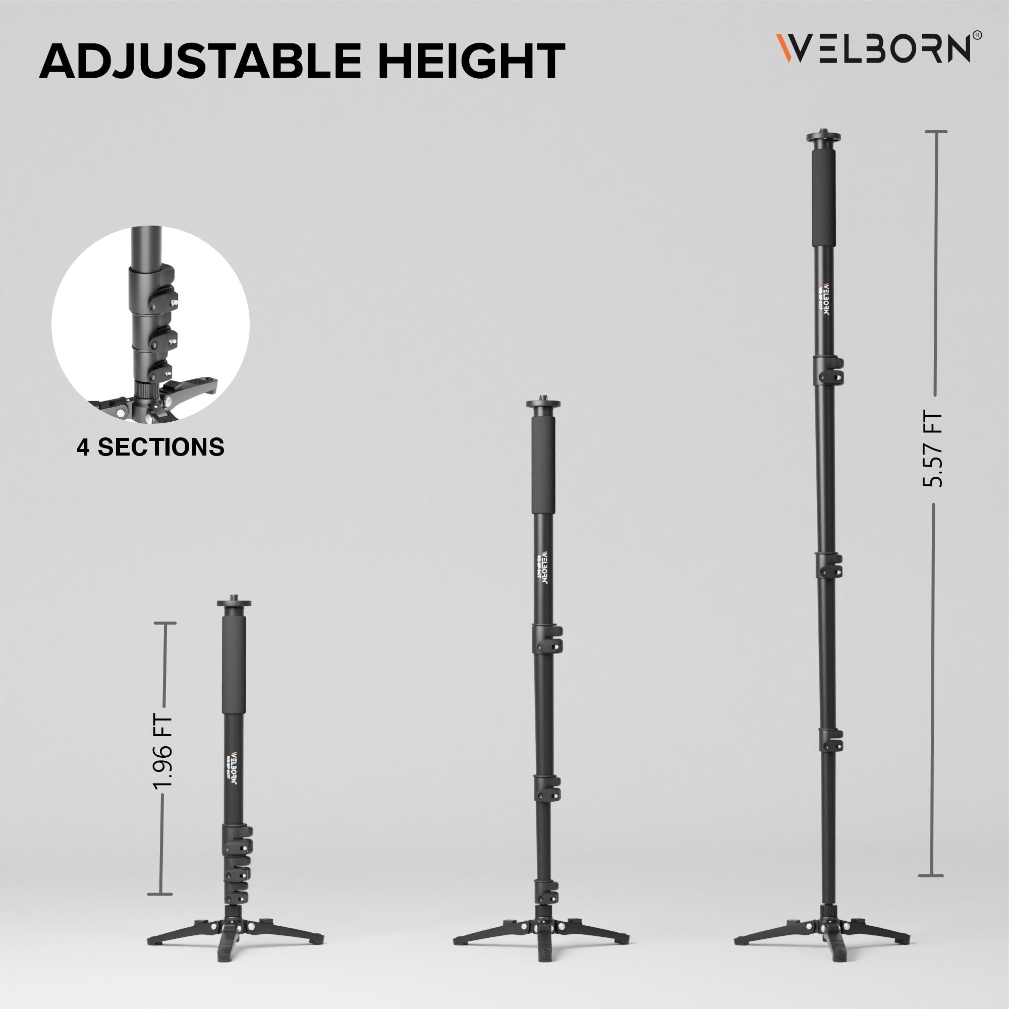 WELBORN Professional Monopod 047 | Lightweight & Portable |4 Sections