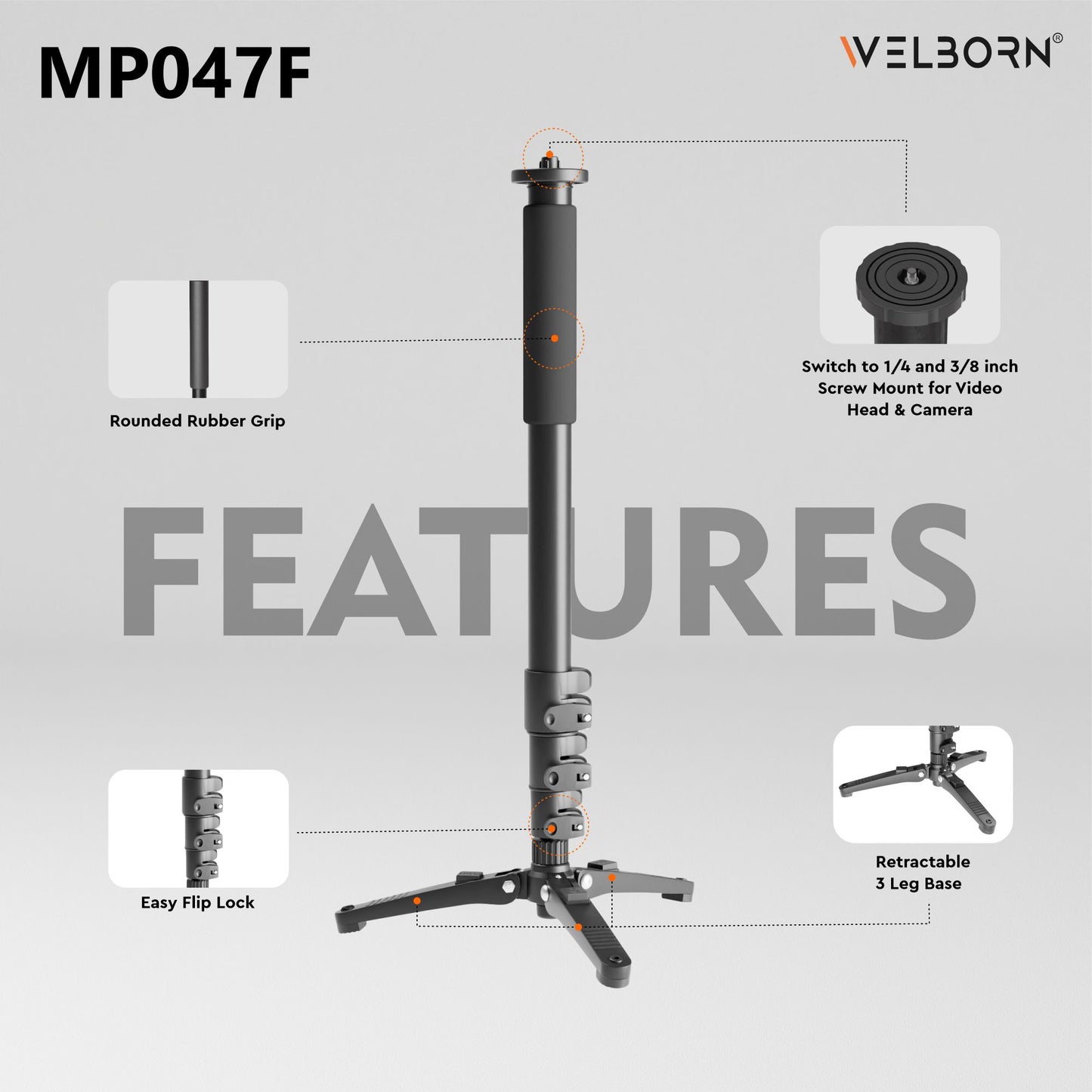 WELBORN Professional Monopod 047 | Lightweight & Portable |4 Sections