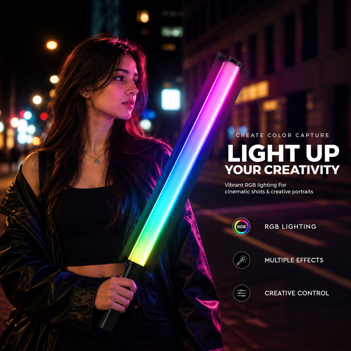 WELBORN RGB LED Stick Light 60W – Portable Video & Photography Light with App Control, Adjustable 2500K–9000K CCT & RGB Effects