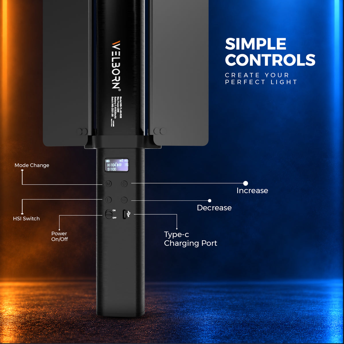 WELBORN RGB LED Stick Light 60W – Portable Video & Photography Light with App Control, Adjustable 2500K–9000K CCT & RGB Effects