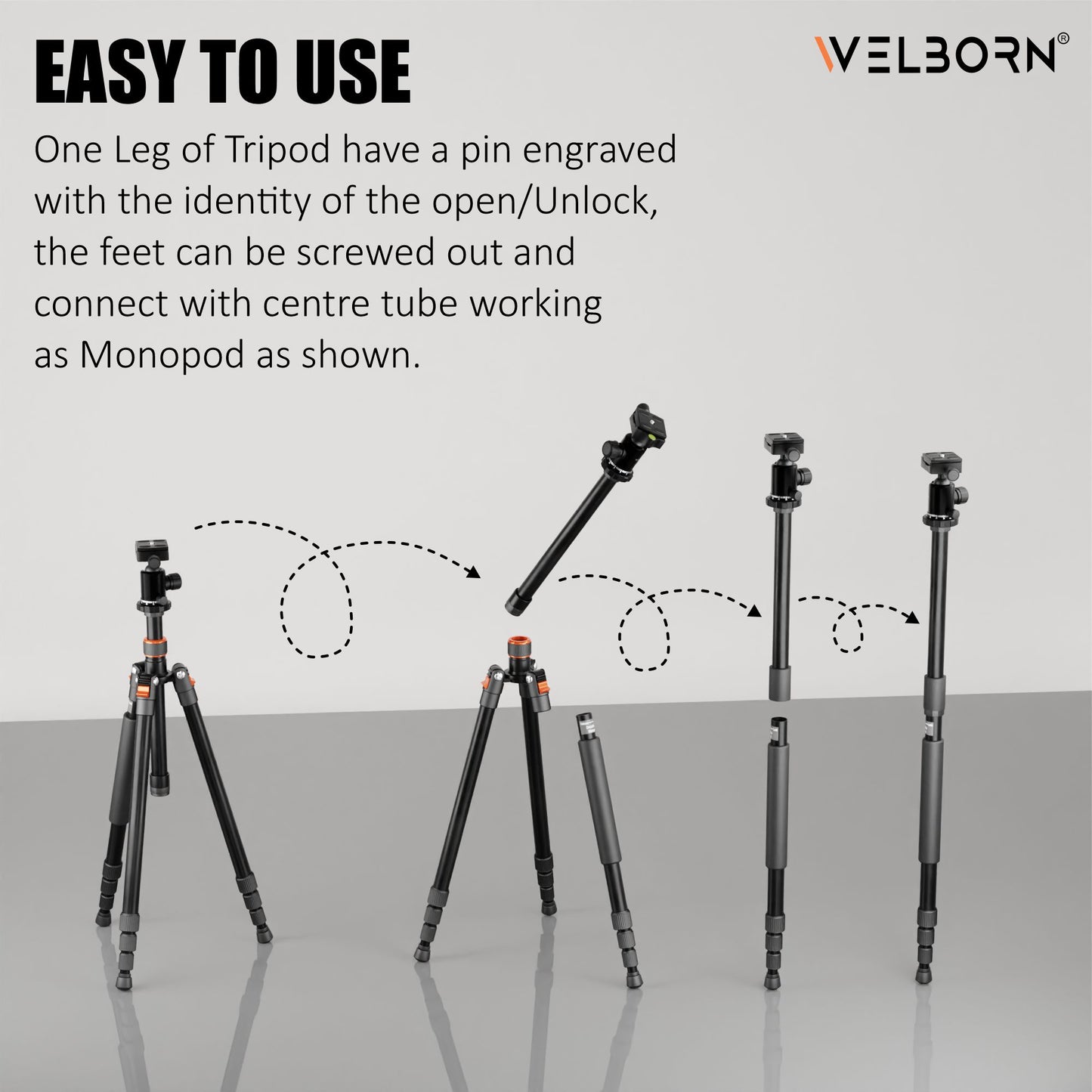 Welborn TR-525BH (60 Inch) Professional Aluminum Tripod Cum Monopod with Steady Rubberized Legs, Bubble Head for Adjustable Position Operating Height: 3200 mm Maximum Load Capacity: 7kgs (Black)