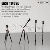Welborn TR-525BH (60 Inch) Professional Aluminum Tripod Cum Monopod with Steady Rubberized Legs, Bubble Head for Adjustable Position Operating Height: 3200 mm Maximum Load Capacity: 7kgs (Black)
