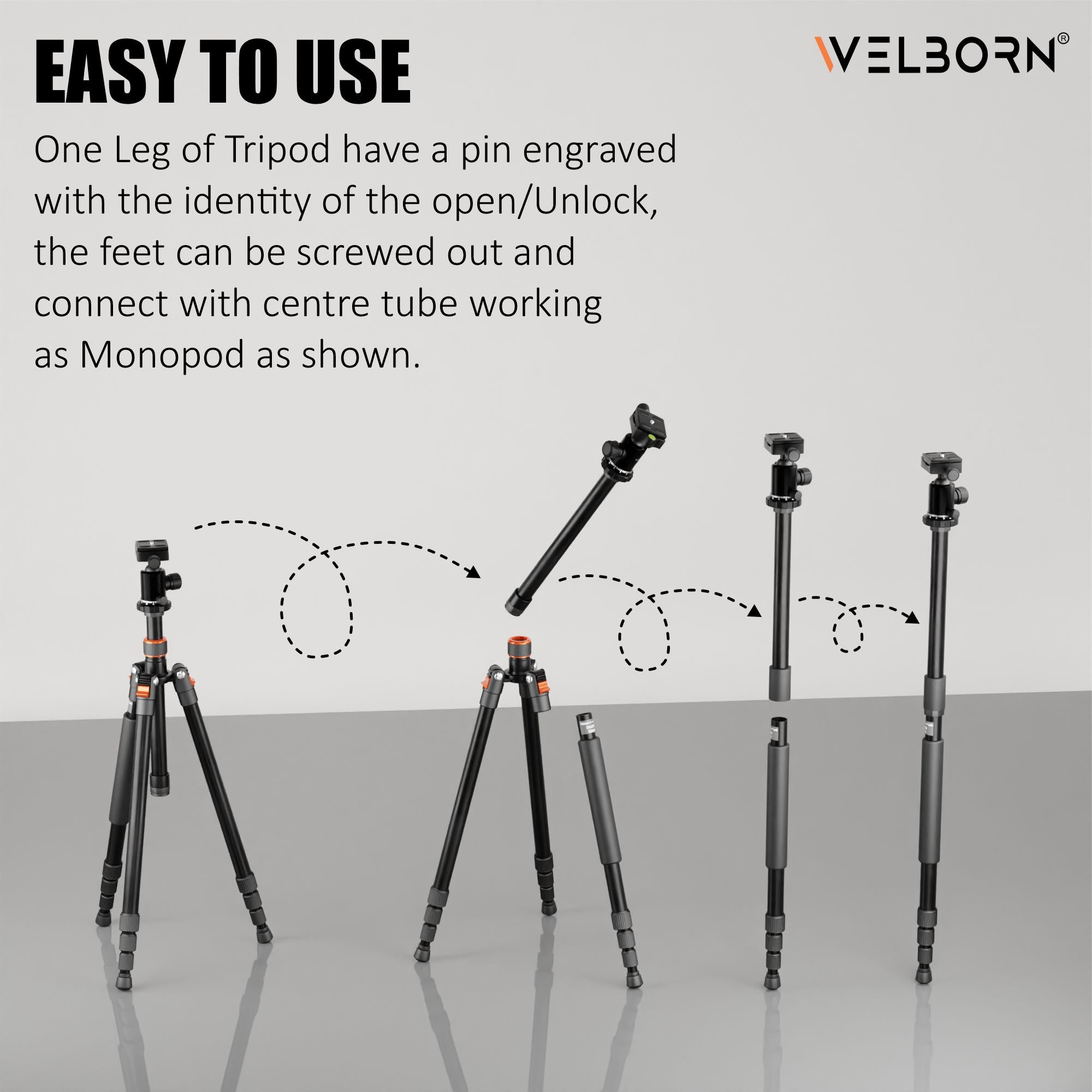Welborn TR-525BH (60 Inch) Professional Aluminum Tripod Cum Monopod with Steady Rubberized Legs, Bubble Head for Adjustable Position Operating Height: 3200 mm Maximum Load Capacity: 7kgs (Black)