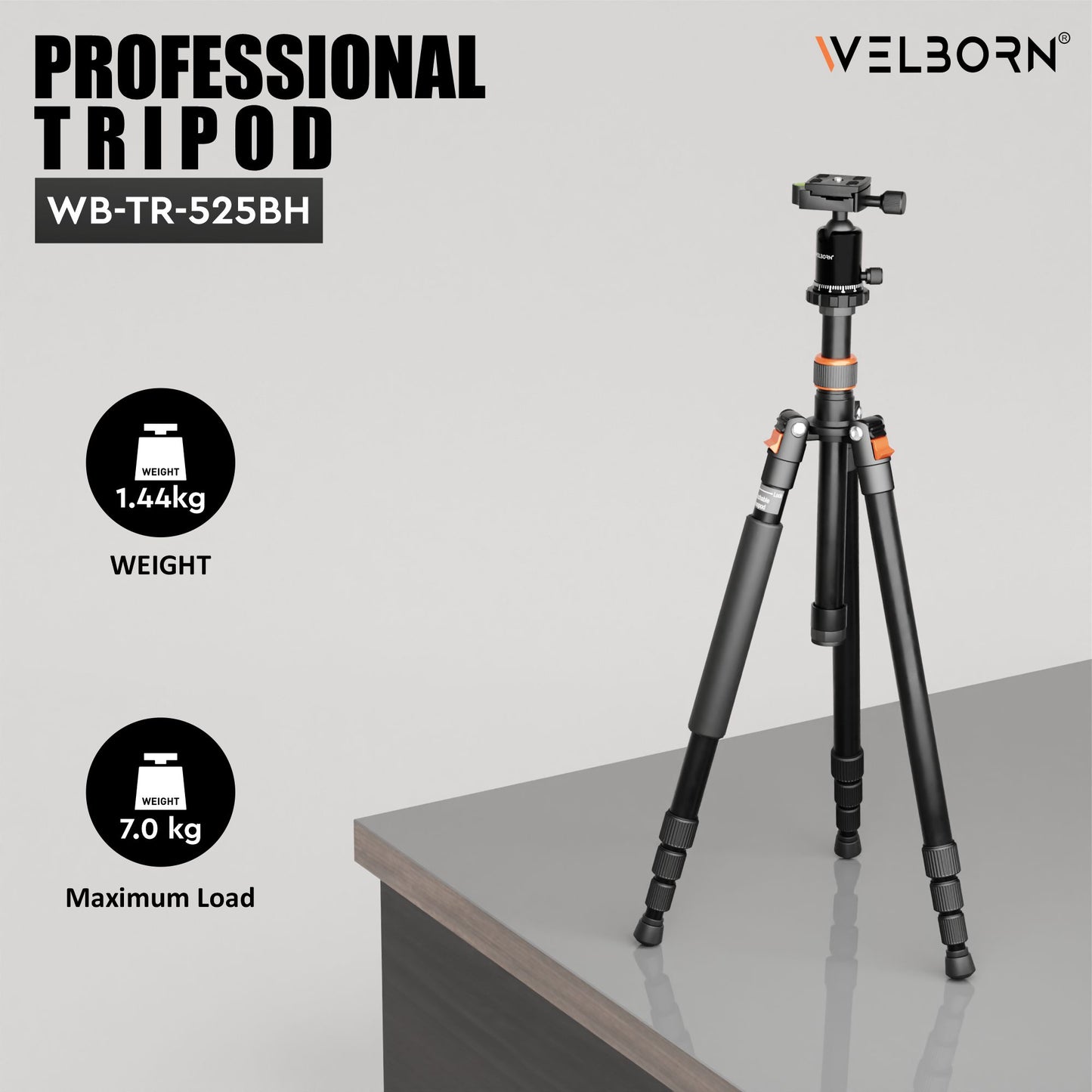 Welborn TR-525BH (60 Inch) Professional Aluminum Tripod Cum Monopod with Steady Rubberized Legs, Bubble Head for Adjustable Position Operating Height: 3200 mm Maximum Load Capacity: 7kgs (Black)