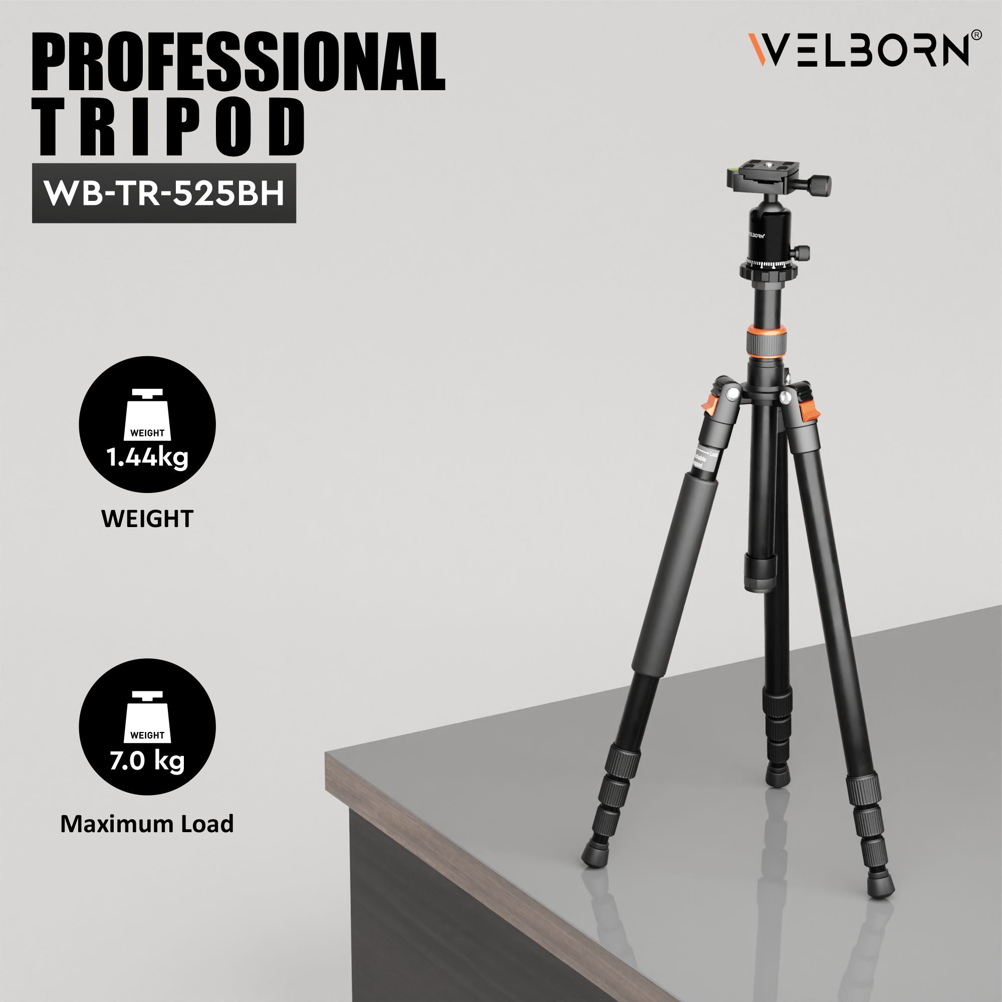 Welborn TR-525BH (60 Inch) Professional Aluminum Tripod Cum Monopod with Steady Rubberized Legs, Bubble Head for Adjustable Position Operating Height: 3200 mm Maximum Load Capacity: 7kgs (Black)