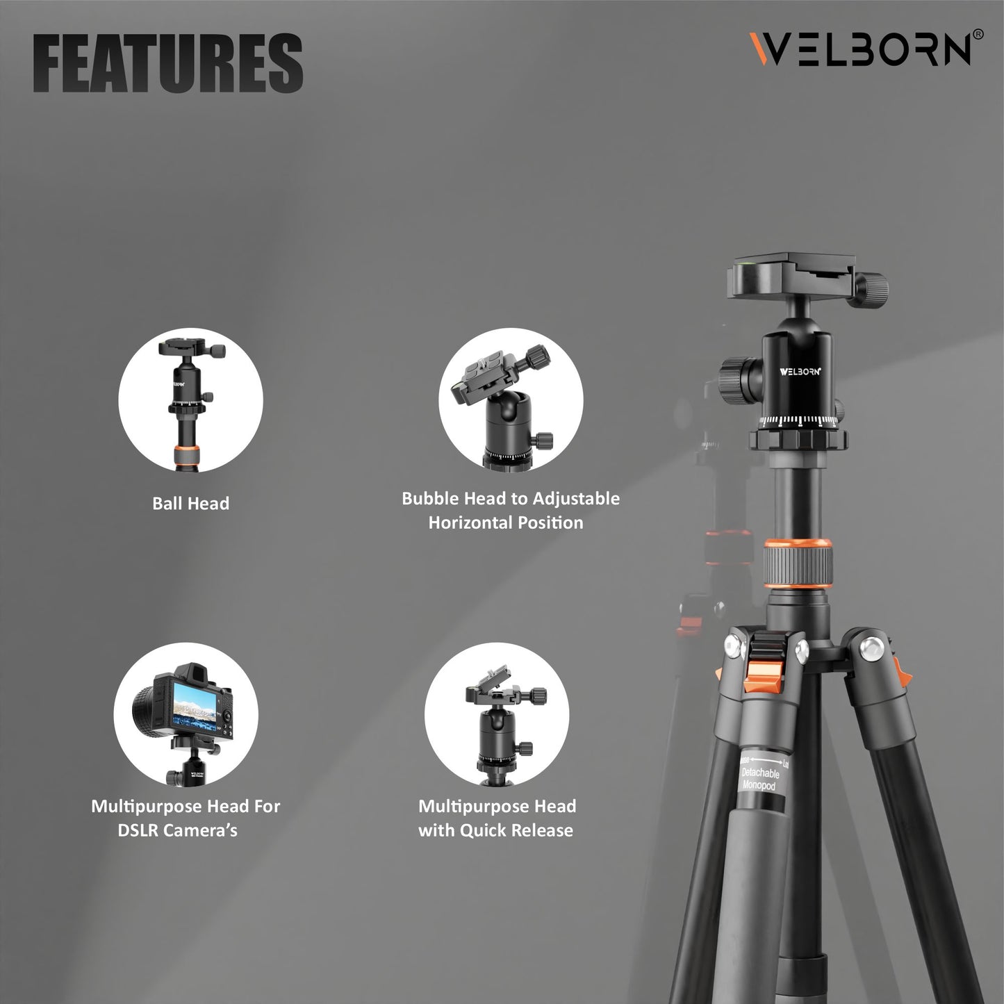 Welborn TR-525BH (60 Inch) Professional Aluminum Tripod Cum Monopod with Steady Rubberized Legs, Bubble Head for Adjustable Position Operating Height: 3200 mm Maximum Load Capacity: 7kgs (Black)