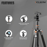 Welborn TR-525BH (60 Inch) Professional Aluminum Tripod Cum Monopod with Steady Rubberized Legs, Bubble Head for Adjustable Position Operating Height: 3200 mm Maximum Load Capacity: 7kgs (Black)