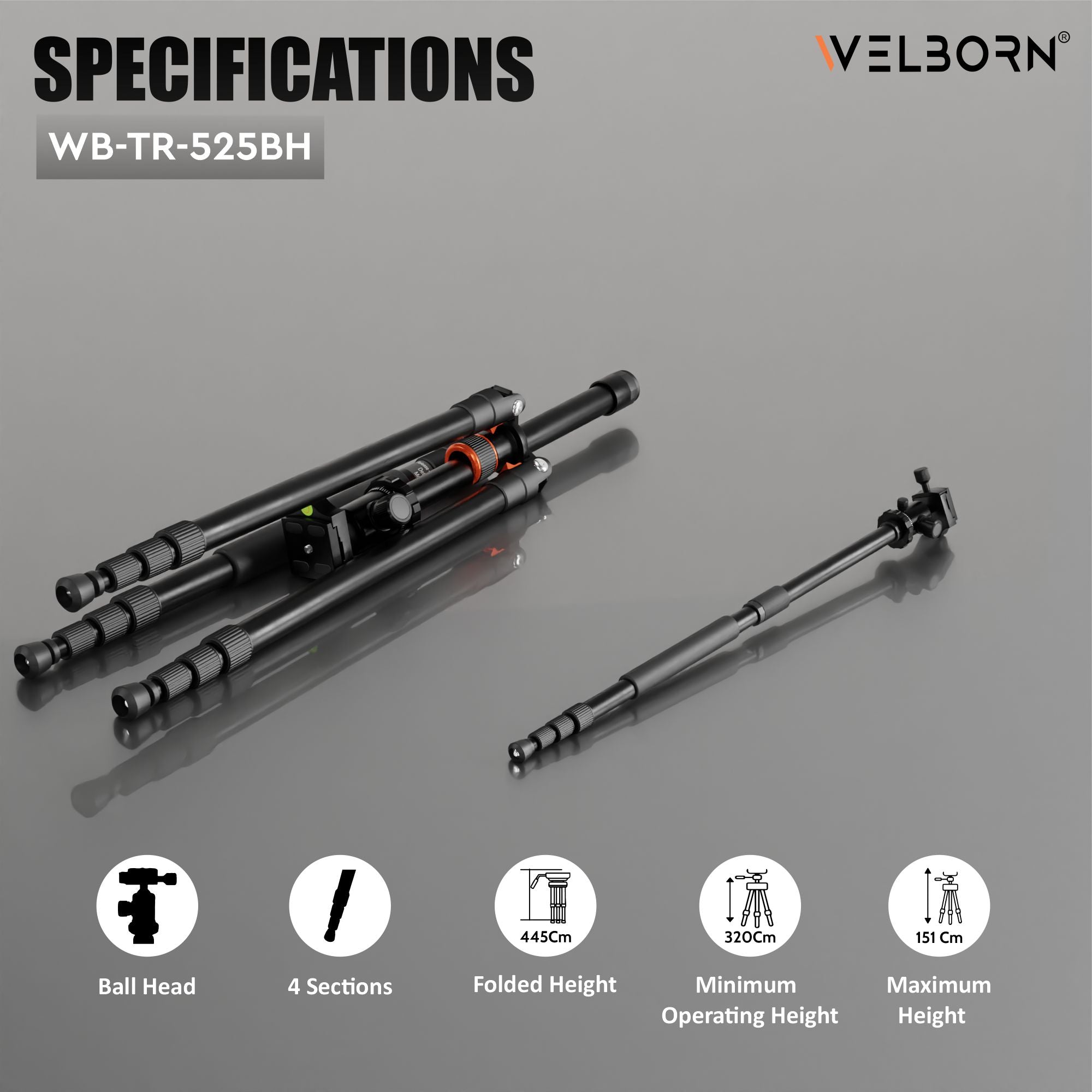 Welborn TR-525BH (60 Inch) Professional Aluminum Tripod Cum Monopod with Steady Rubberized Legs, Bubble Head for Adjustable Position Operating Height: 3200 mm Maximum Load Capacity: 7kgs (Black)