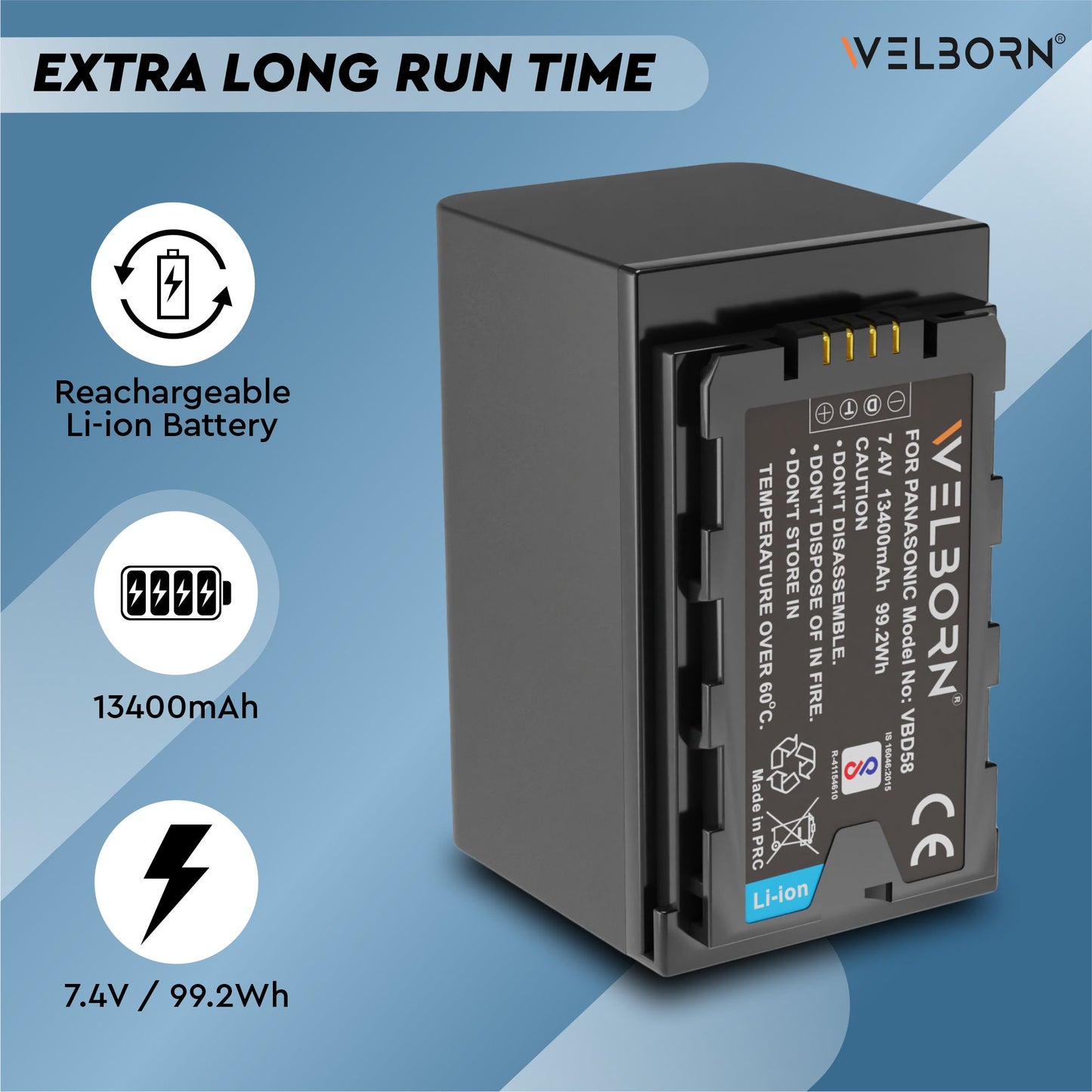 WELBORN VBD58 (13400 mAh) Battery Compatible with AC-UX90 AG-AC8 AG-AC30 AG-CX350 AG-DVX200EJ AG-UX90 AG-UX180 AJ-PX230EJ AJ-PX270 AJ-PX298 AU-EVA1 HC-MDH2 HC-X1E-HC-X2000E NV-MX500 Cameras