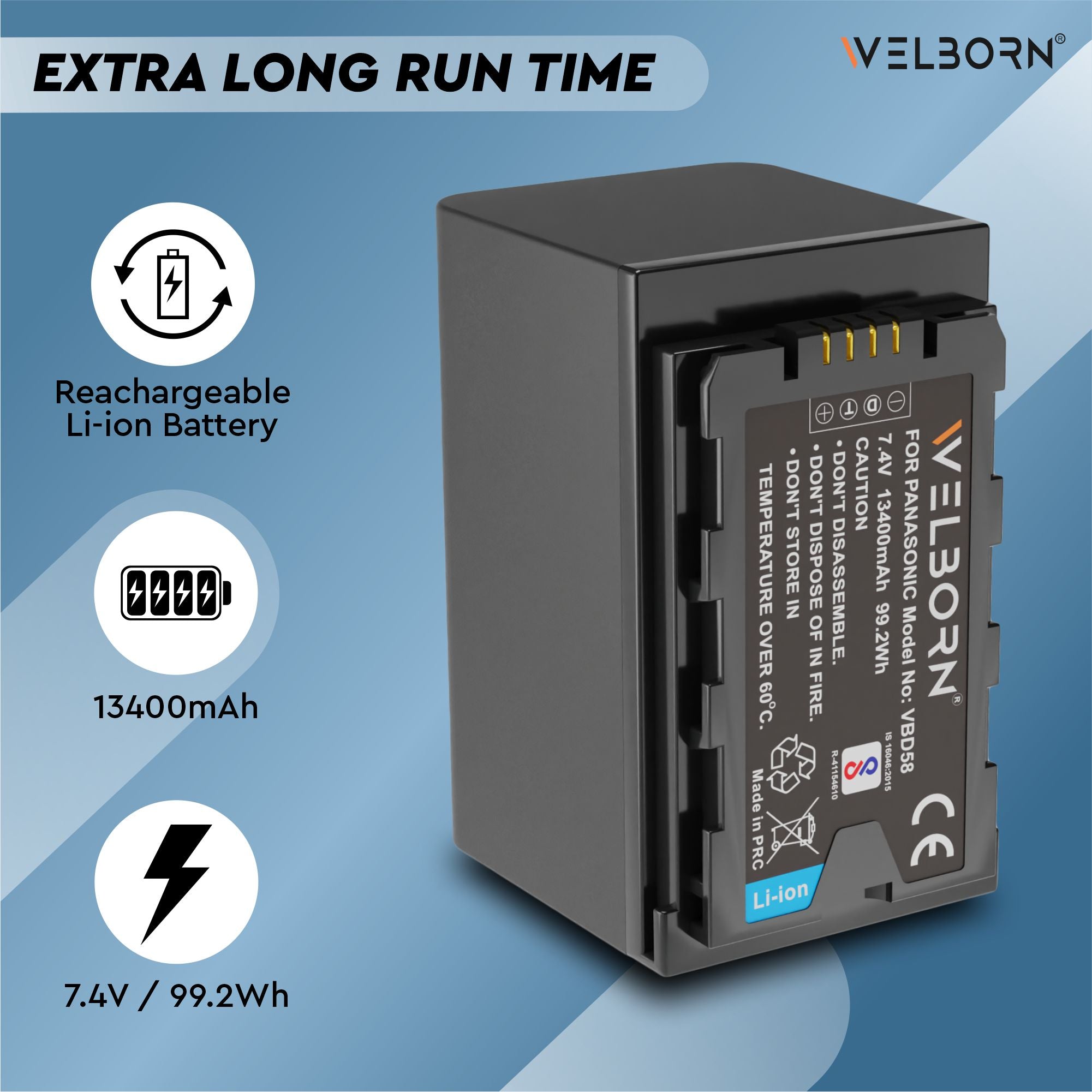 WELBORN VBD58 (13400 mAh) Battery Compatible with AC-UX90 AG-AC8 AG-AC30 AG-CX350 AG-DVX200EJ AG-UX90 AG-UX180 AJ-PX230EJ AJ-PX270 AJ-PX298 AU-EVA1 HC-MDH2 HC-X1E-HC-X2000E NV-MX500 Cameras