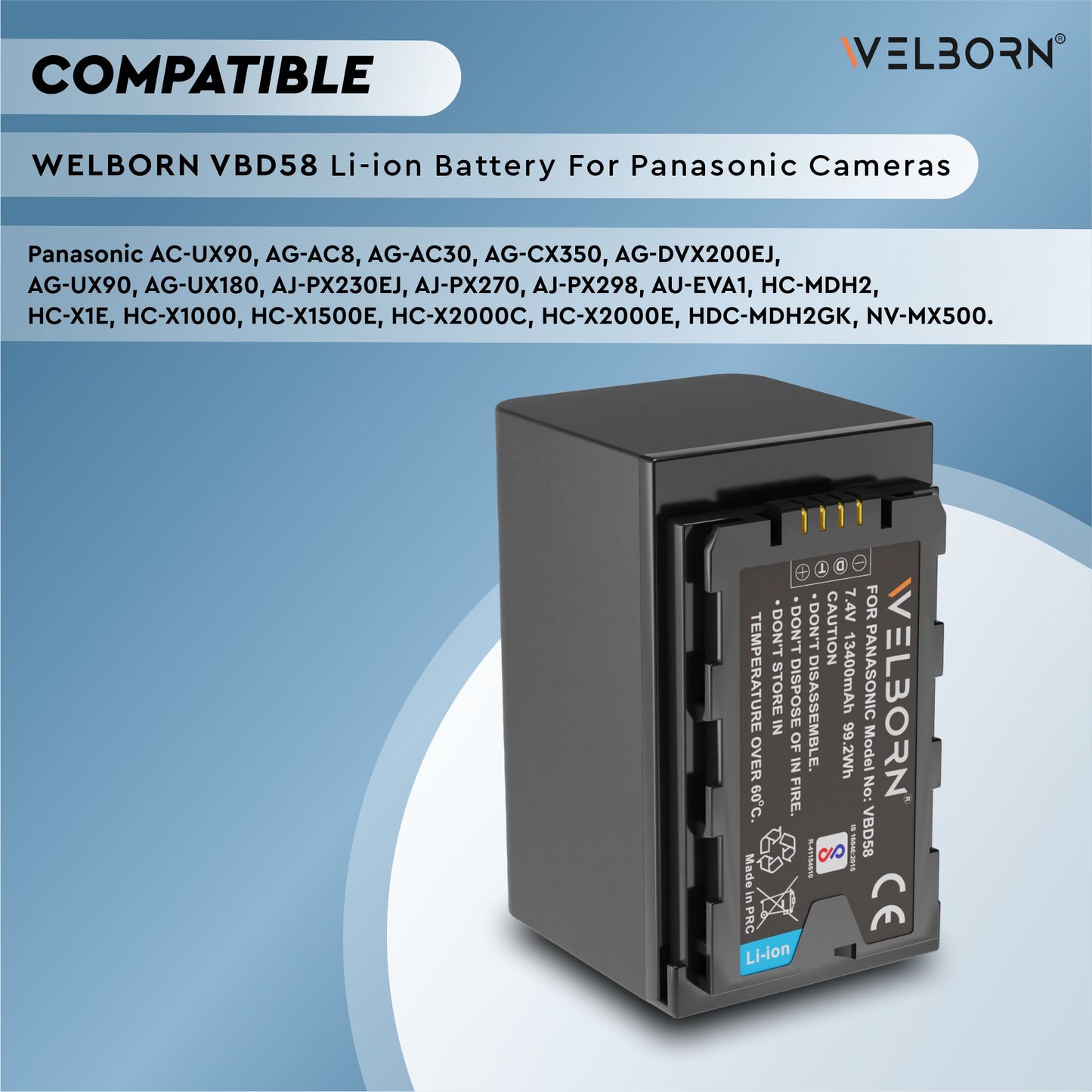 WELBORN VBD58 (13400 mAh) Battery Compatible with AC-UX90 AG-AC8 AG-AC30 AG-CX350 AG-DVX200EJ AG-UX90 AG-UX180 AJ-PX230EJ AJ-PX270 AJ-PX298 AU-EVA1 HC-MDH2 HC-X1E-HC-X2000E NV-MX500 Cameras